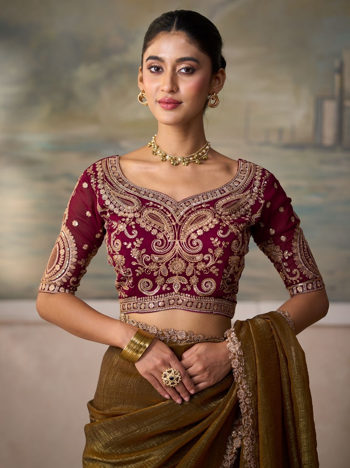 Bronze Brown Couture Sequin Saree with Designer Blouse