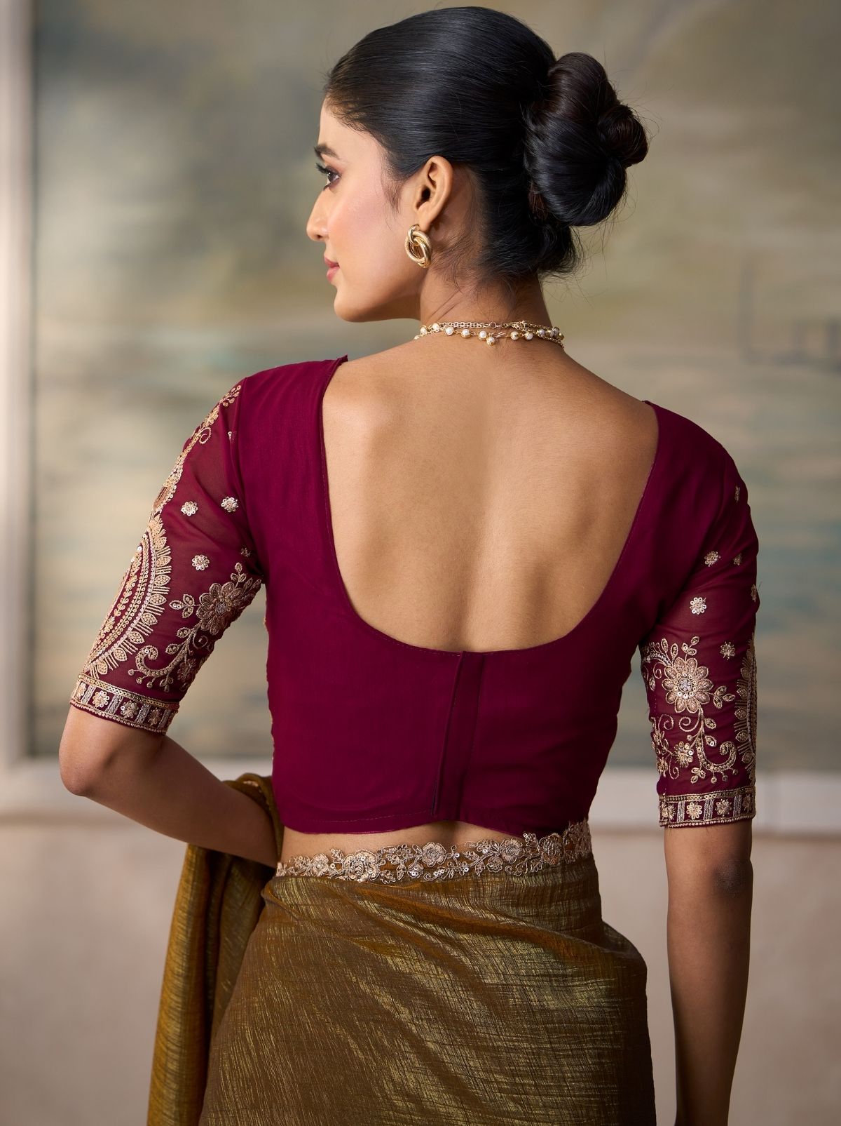 Bronze Brown Couture Sequin Saree with Designer Blouse