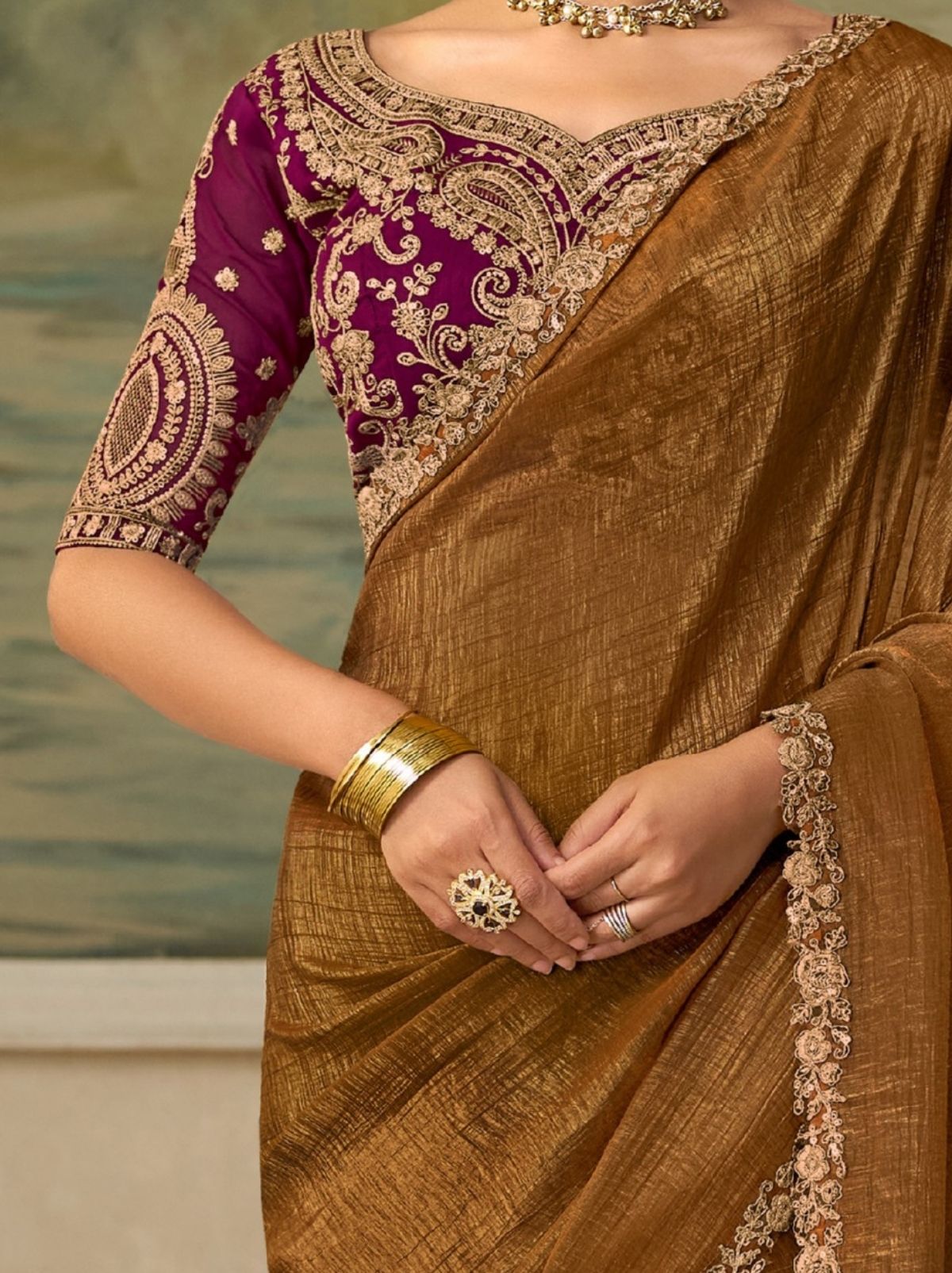 Bronze Brown Couture Sequin Saree with Designer Blouse