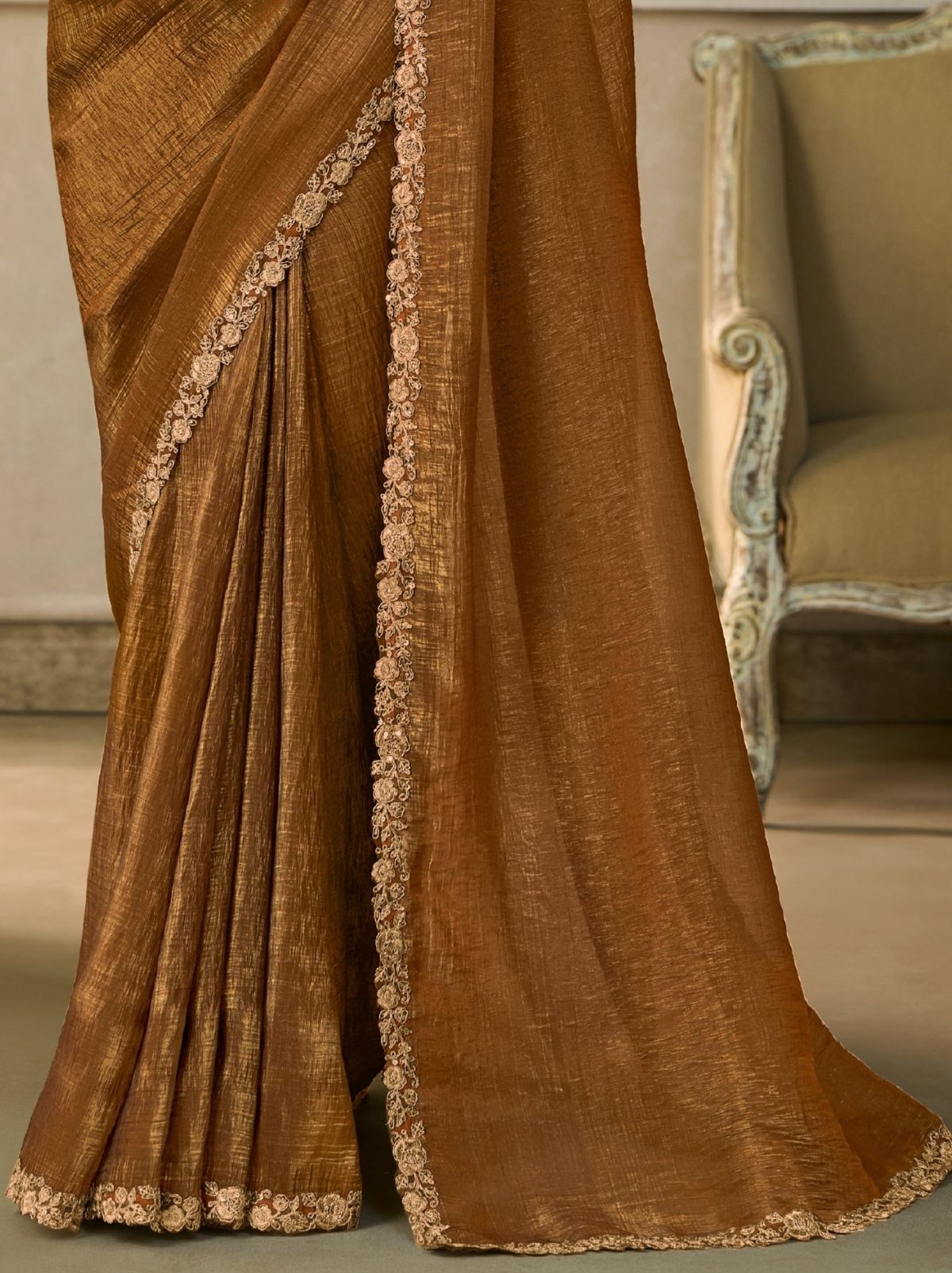 Bronze Brown Couture Sequin Saree with Designer Blouse