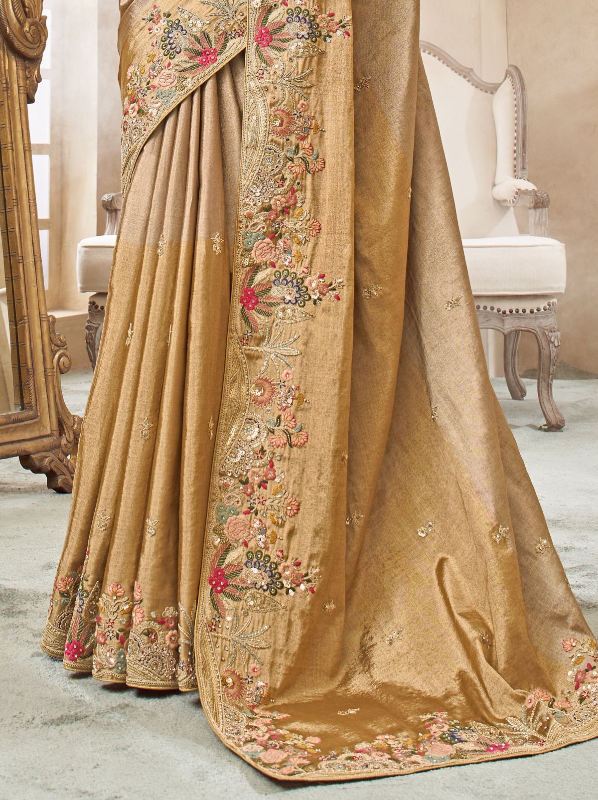 Golden Designer Luxury Fine Silk Saree With Heavy Work