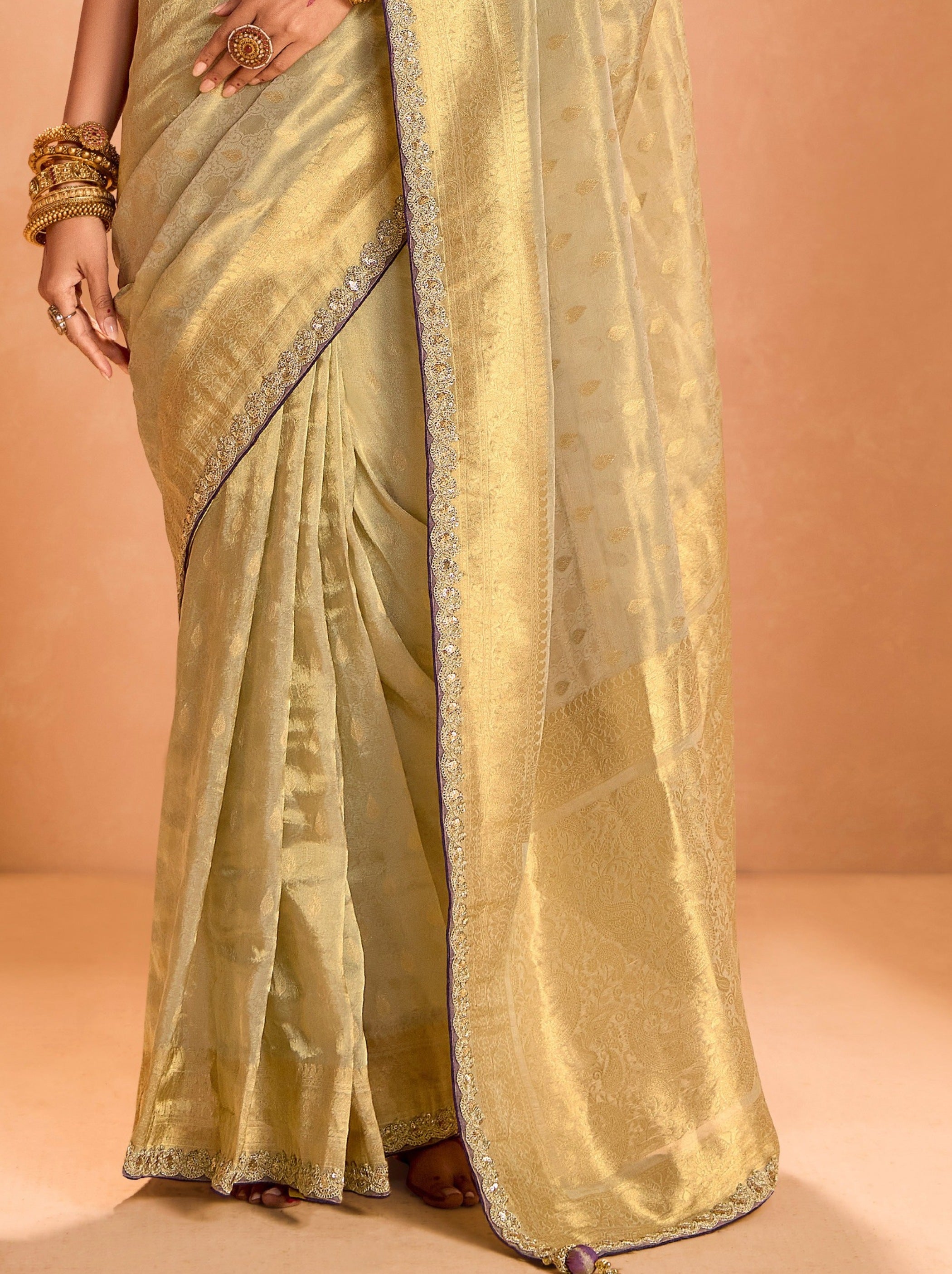 Golden Zari Tissue Silk Wedding Party Saree - TrendOye