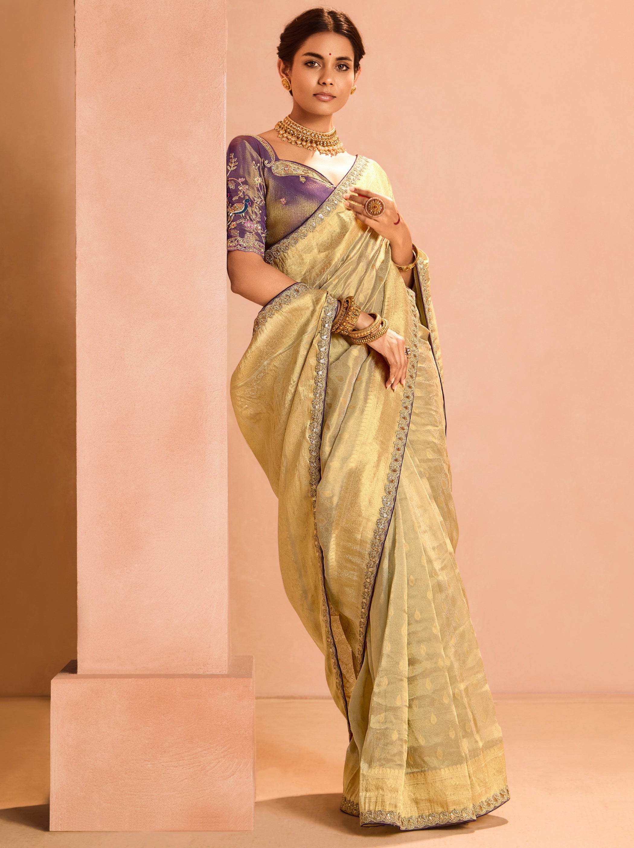 Golden Zari Tissue Silk Wedding Party Saree - TrendOye