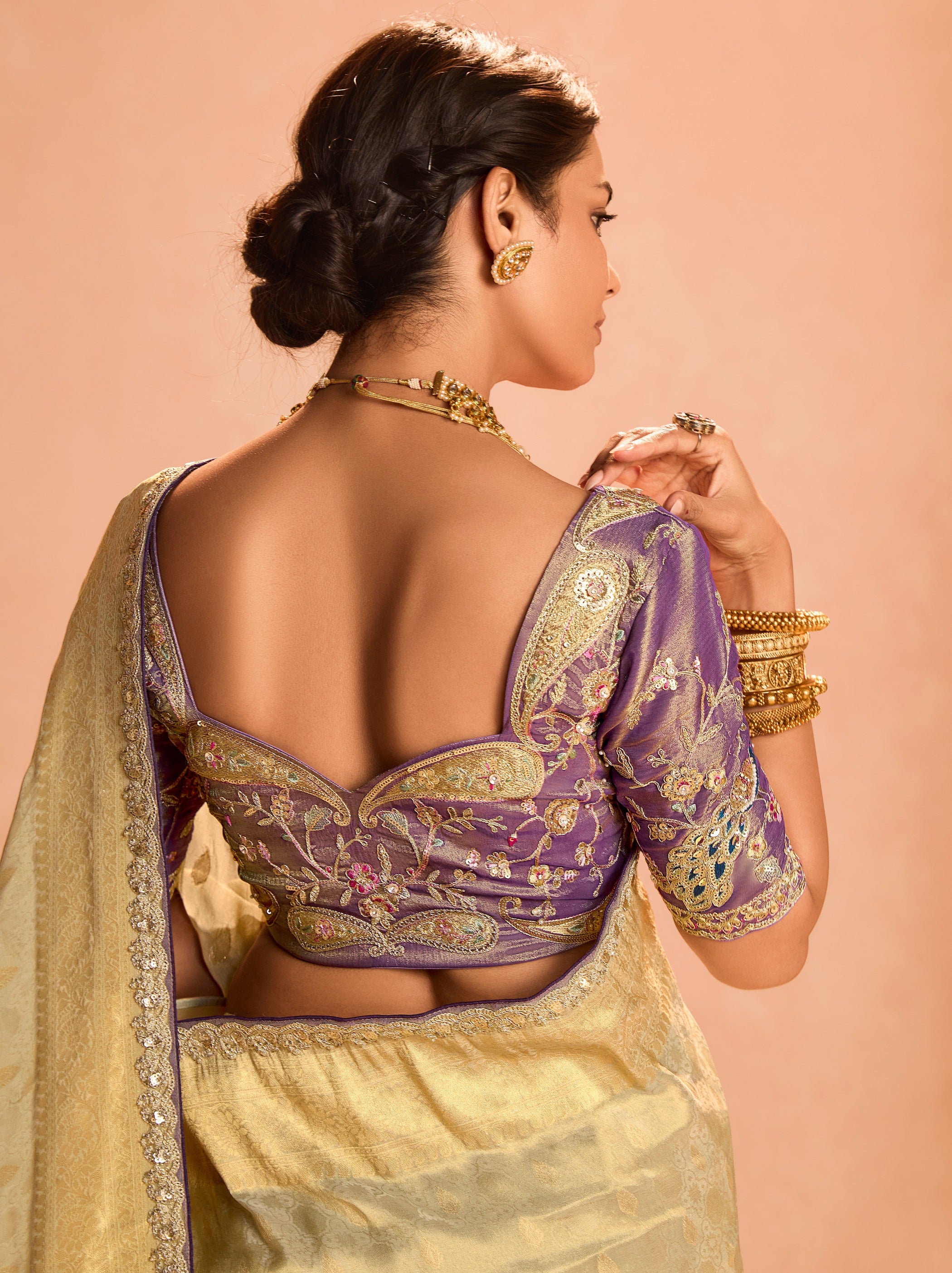 Golden Zari Tissue Silk Wedding Party Saree - TrendOye