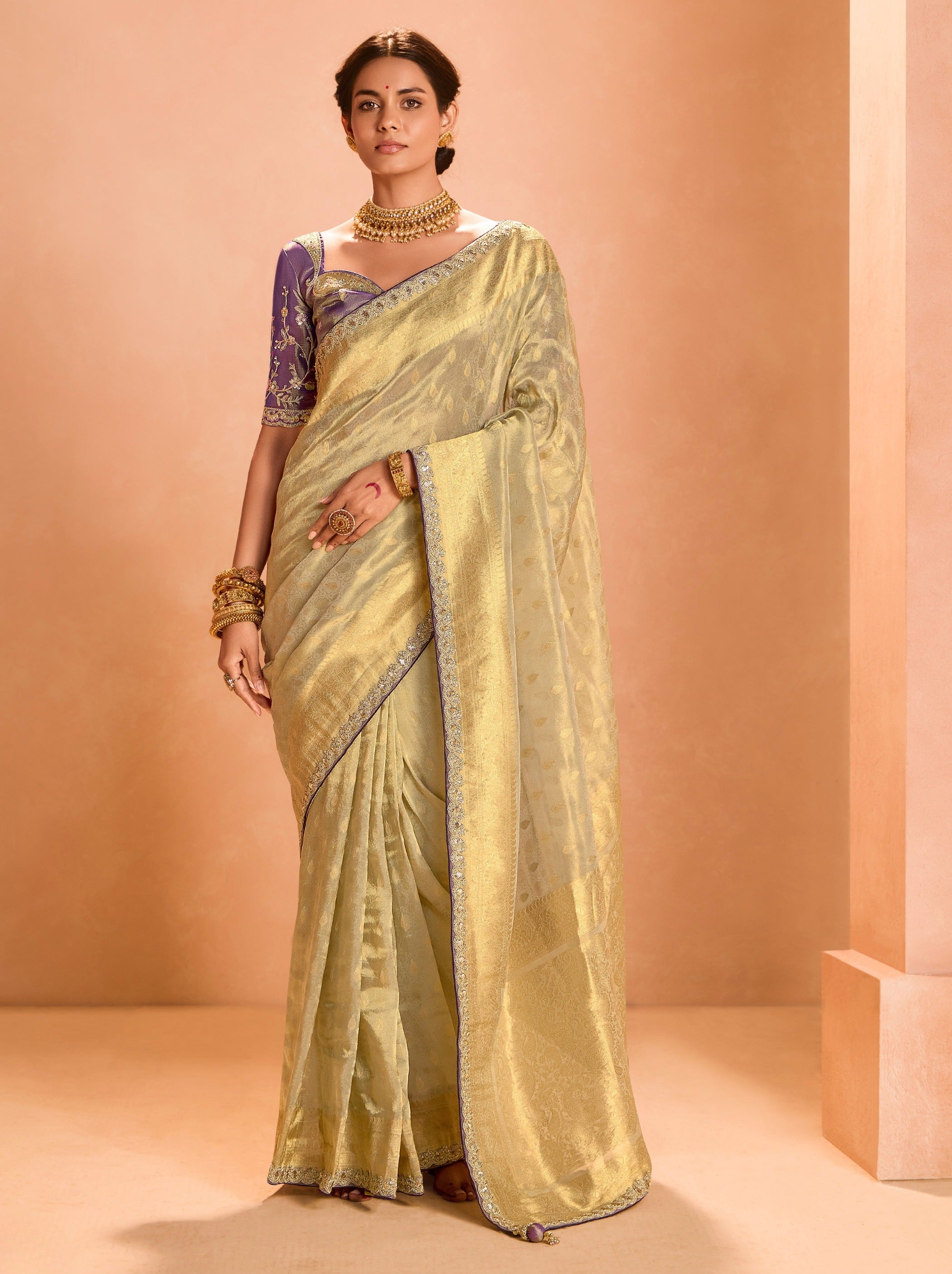 Golden Zari Tissue Silk Wedding Party Saree - TrendOye