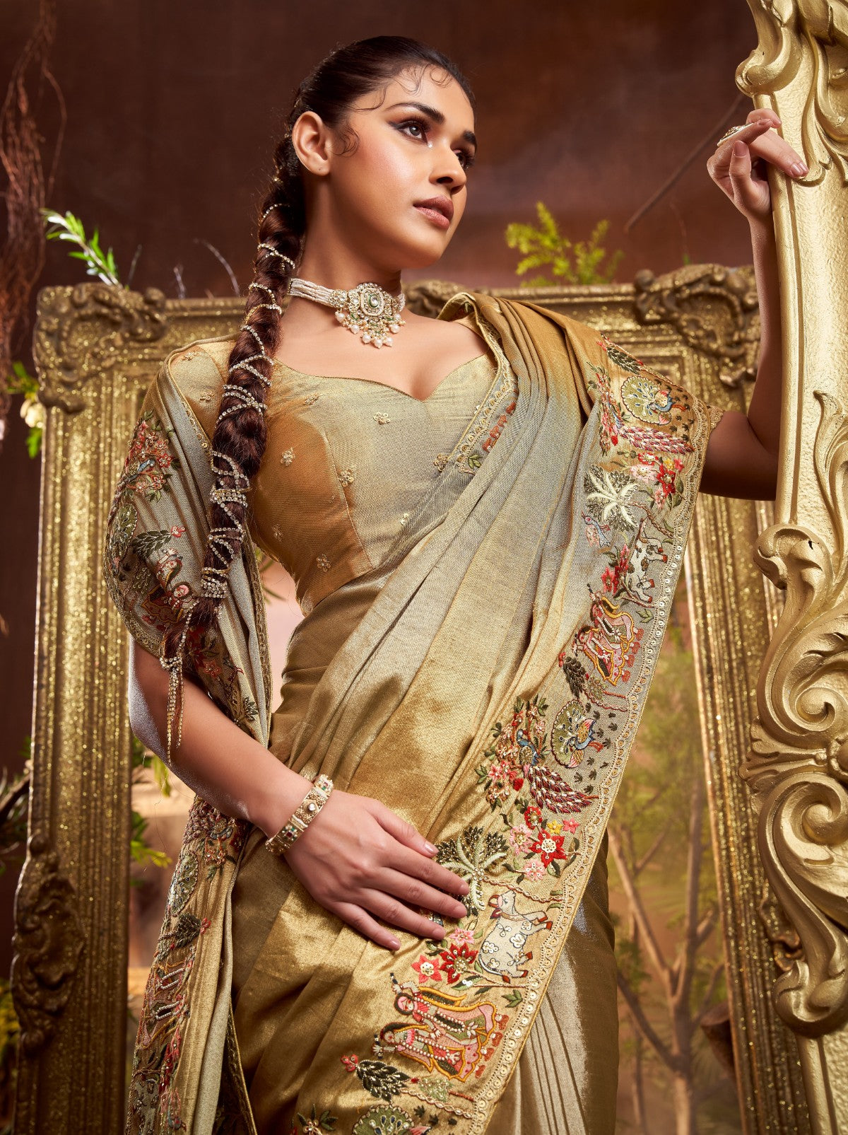 Golden Designer Silk Blend Saree With Crystal Work
