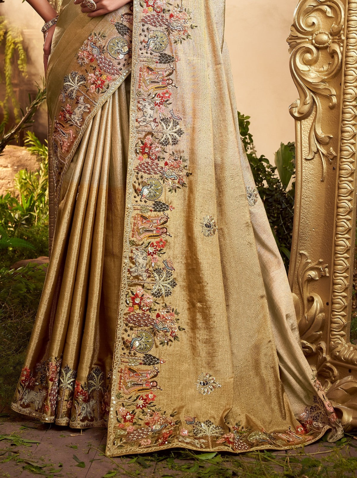 Golden Designer Silk Blend Saree With Crystal Work