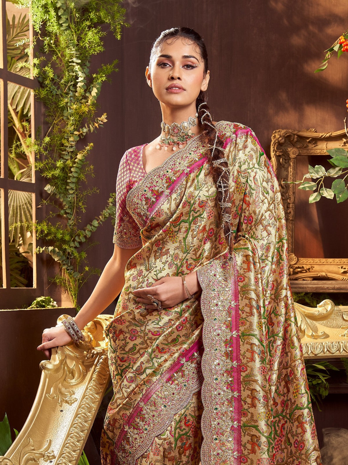 Golden Designer Silk Blend Saree With Crystal Work