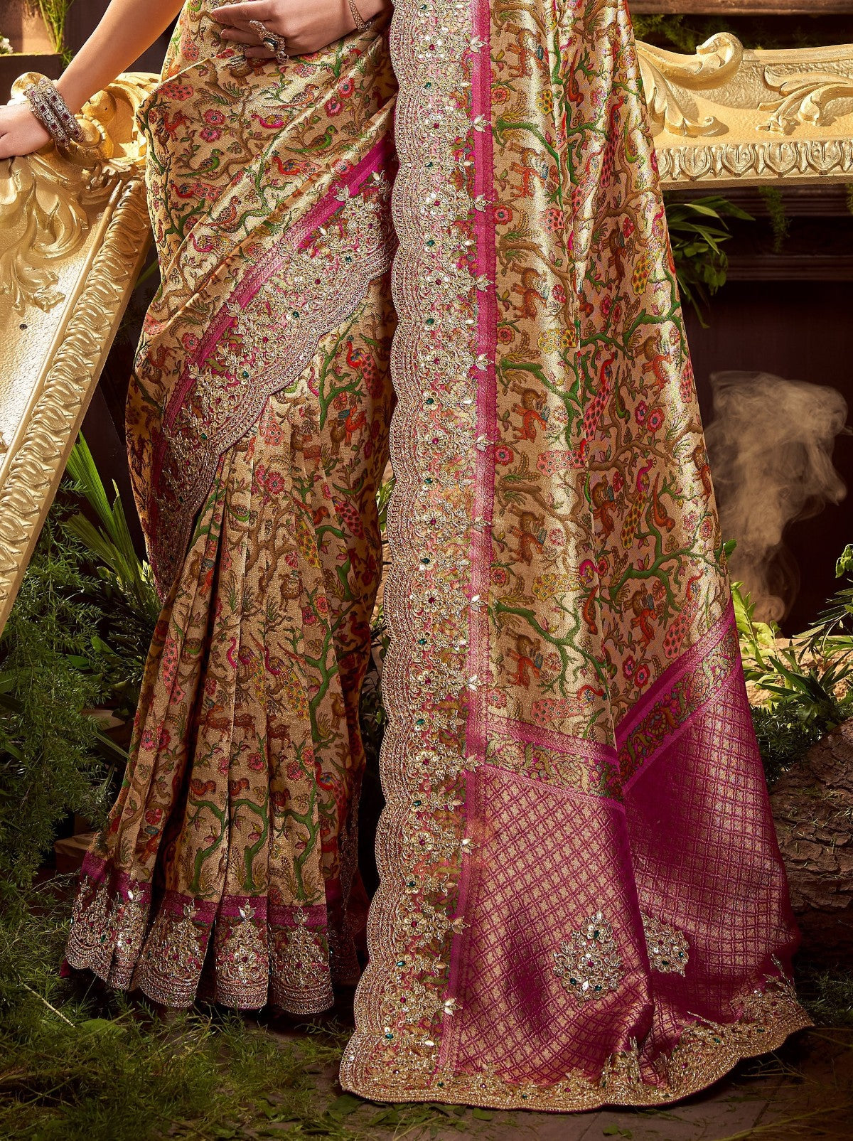 Golden Designer Silk Blend Saree With Crystal Work