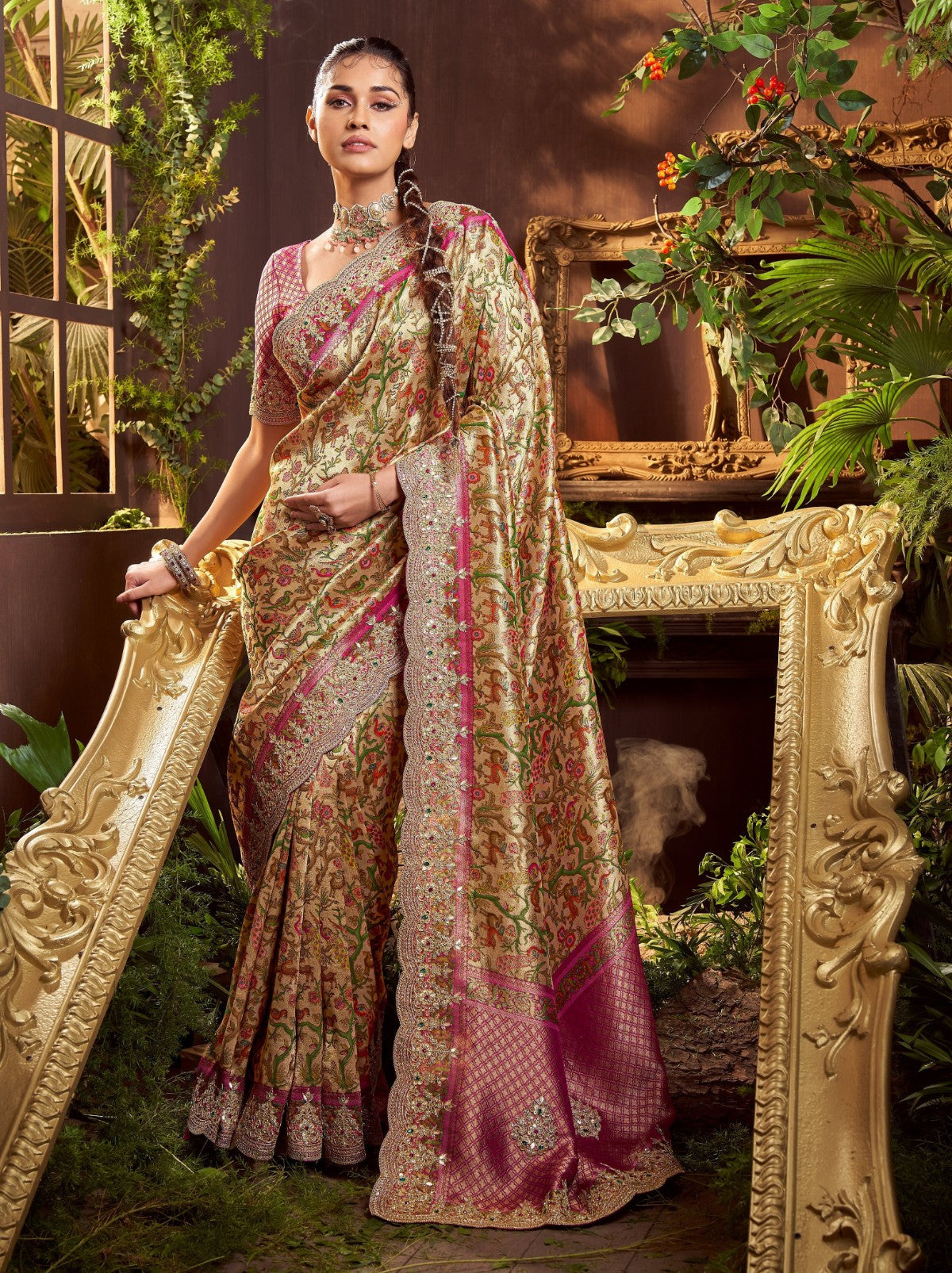 Golden Designer Silk Blend Saree With Crystal Work