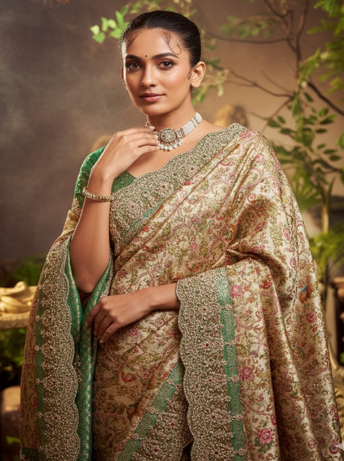 Golden Designer Silk Blend Saree With Crystal Work