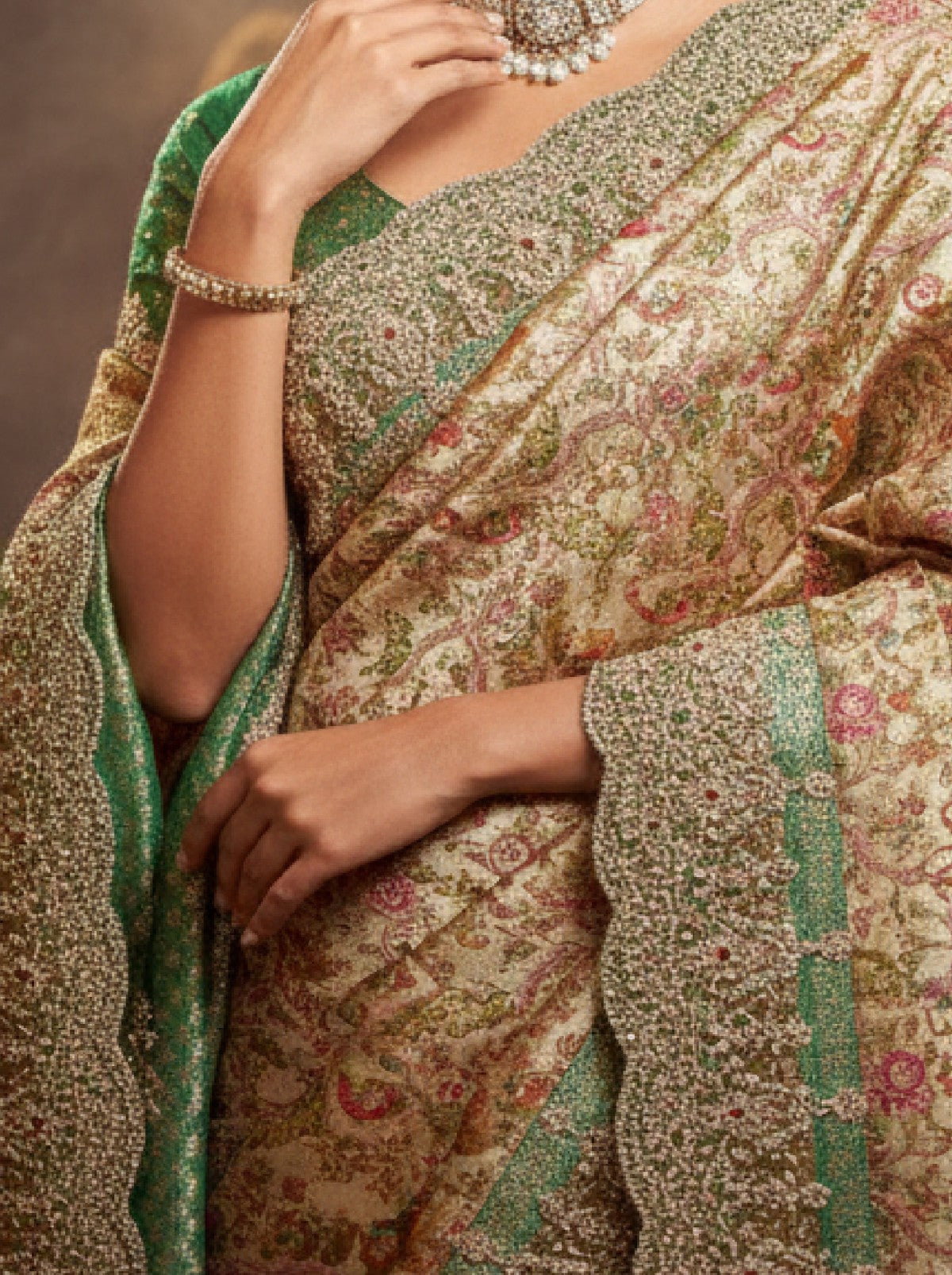 Golden Designer Silk Blend Saree With Crystal Work