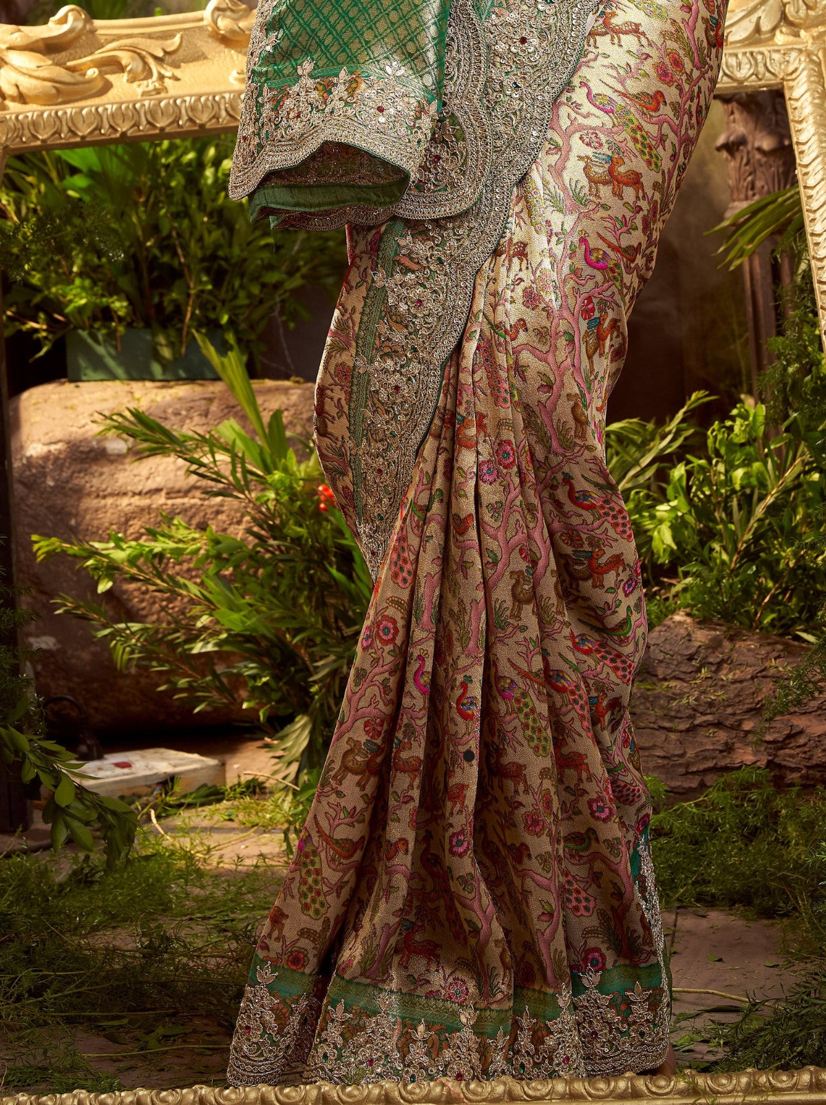 Golden Designer Silk Blend Saree With Crystal Work