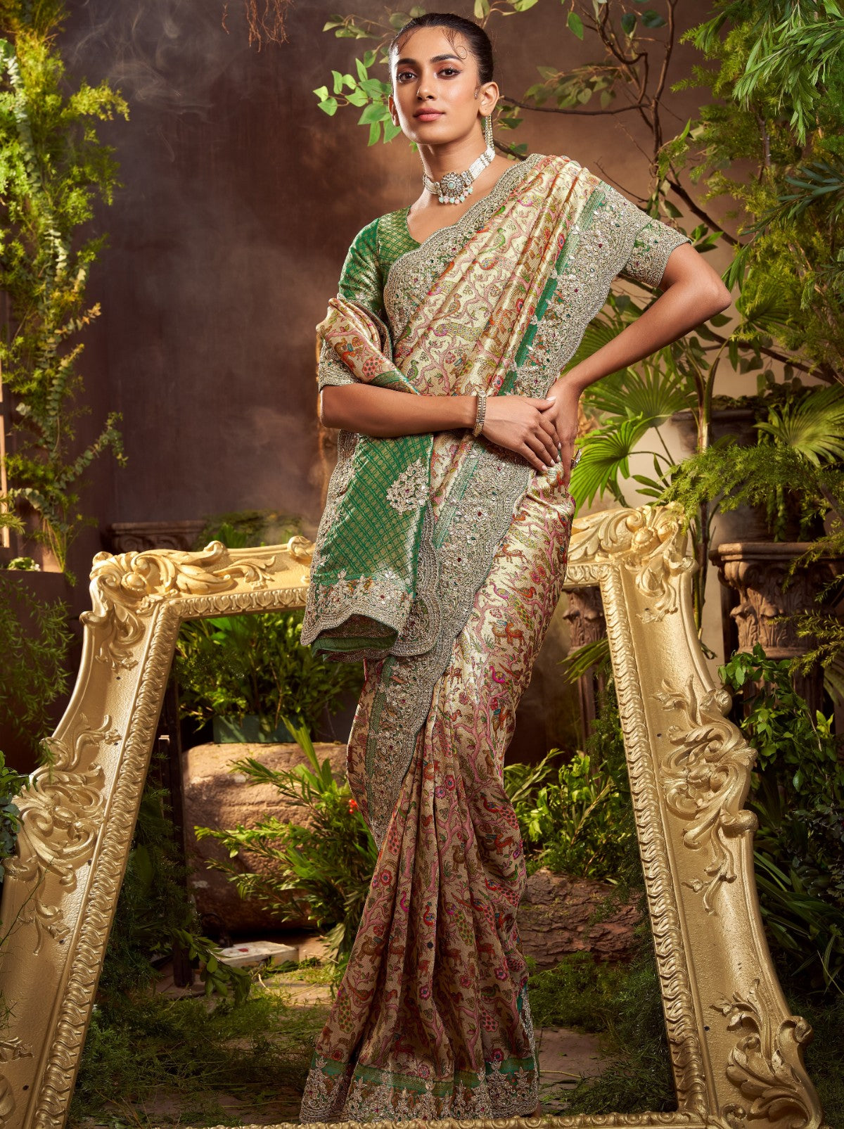 Golden Designer Silk Blend Saree With Crystal Work