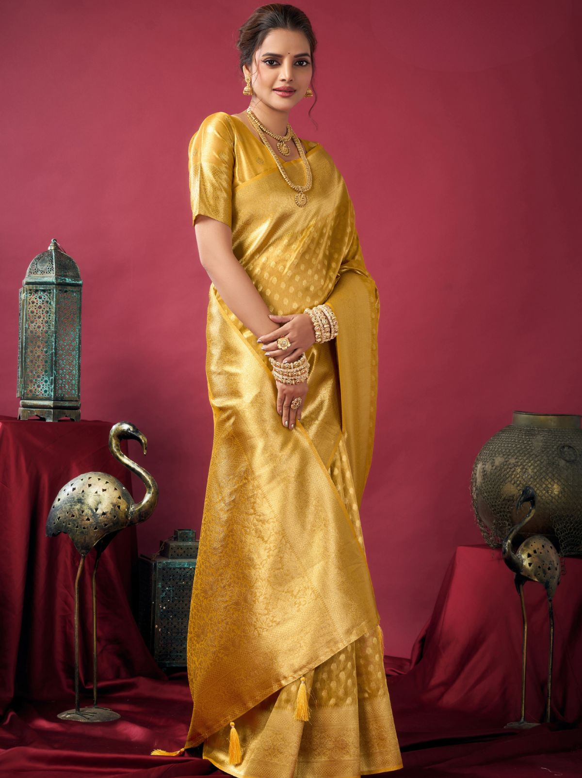 Golden Designer Tissue Silk Saree with Tassel Border