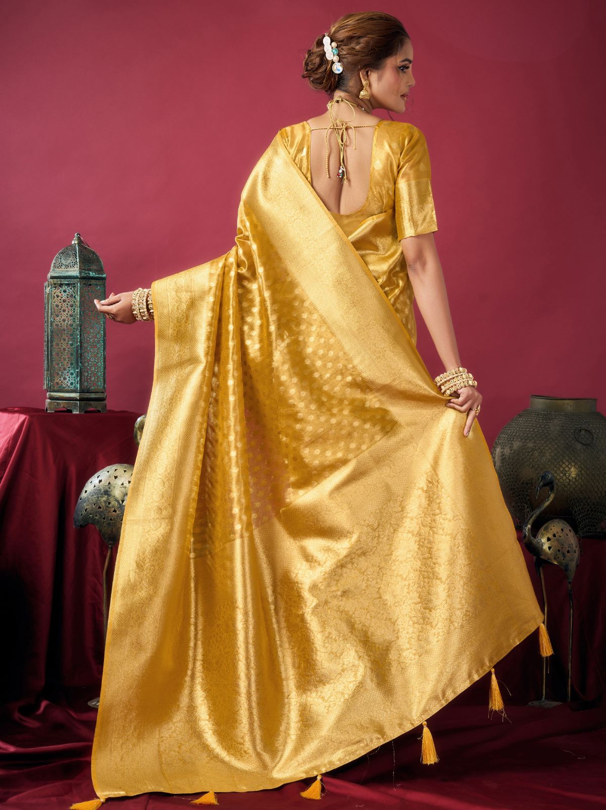 Golden Designer Tissue Silk Saree with Tassel Border