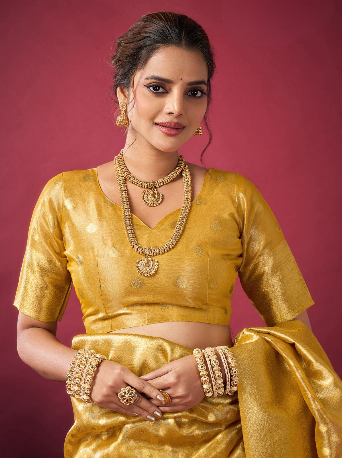 Golden Designer Tissue Silk Saree with Tassel Border