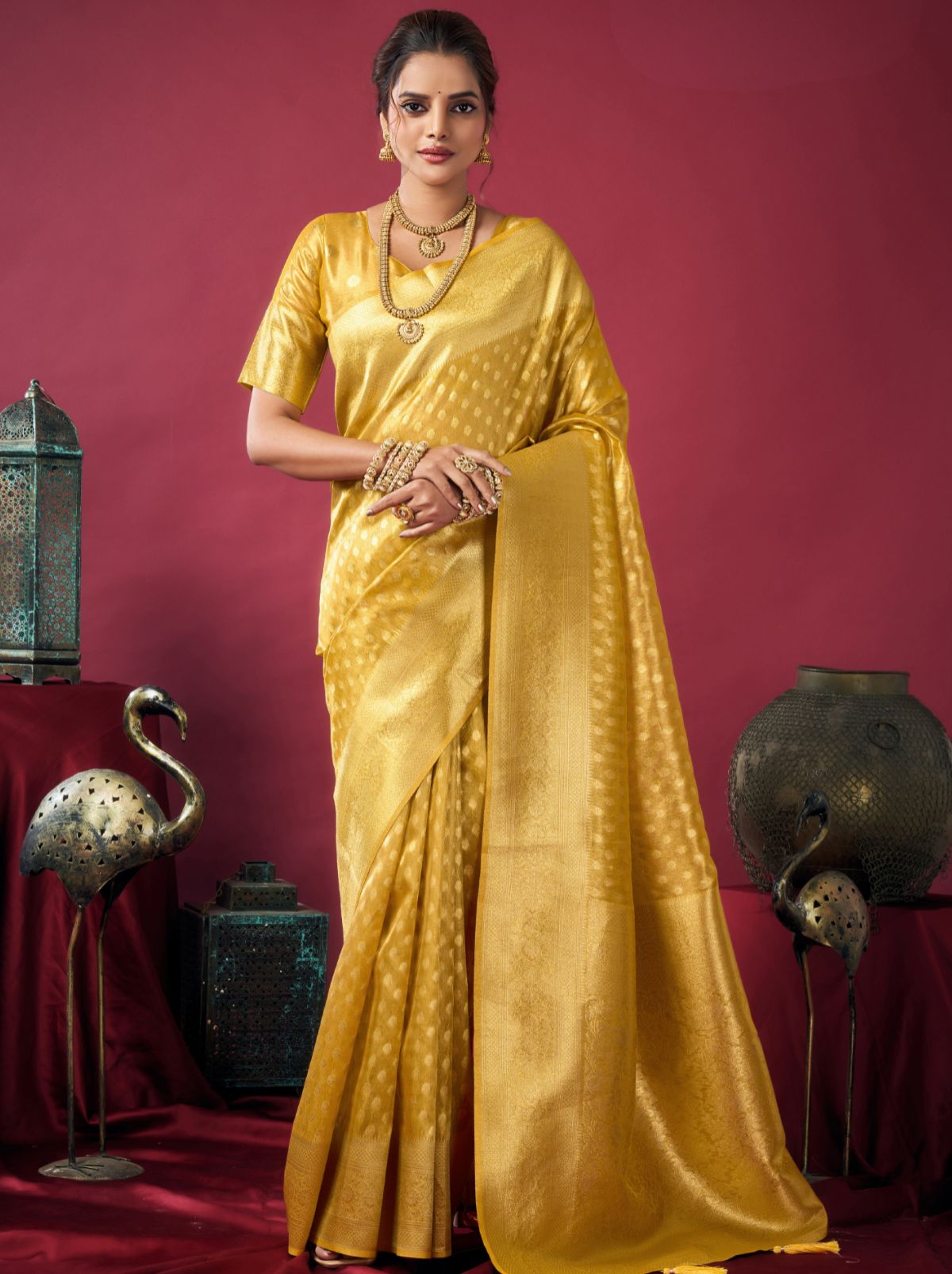 Golden Designer Tissue Silk Saree with Tassel Border