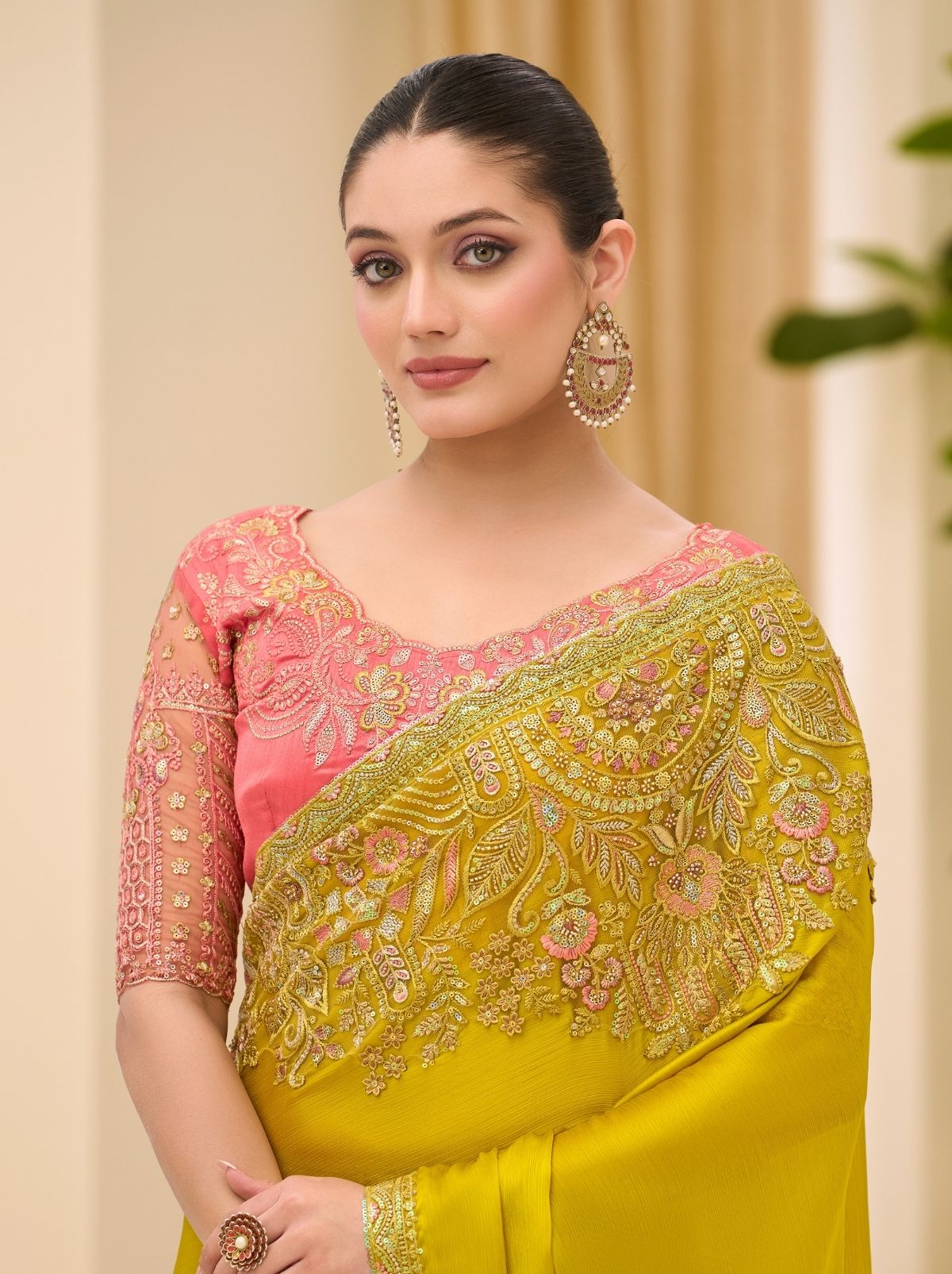 Golden Designer Wedding saree With Blouse Piece - TrendOye