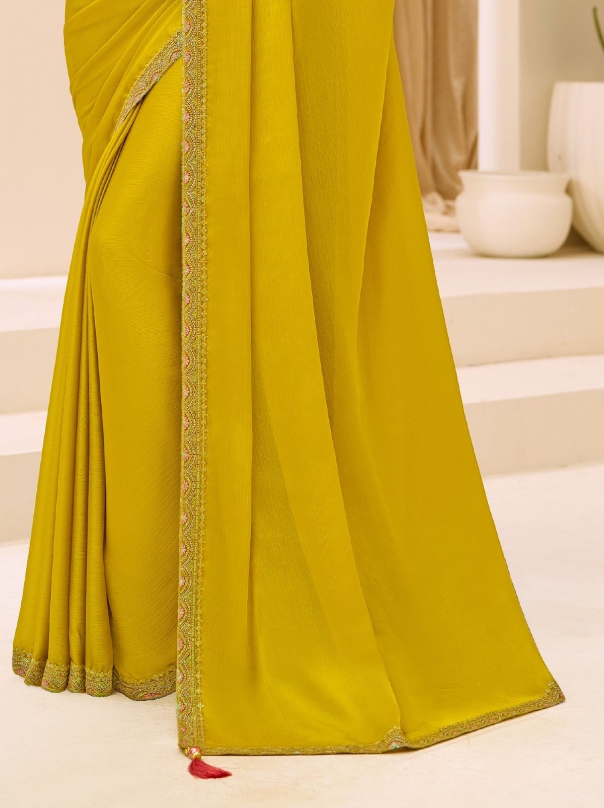 Golden Designer Wedding saree With Blouse Piece - TrendOye