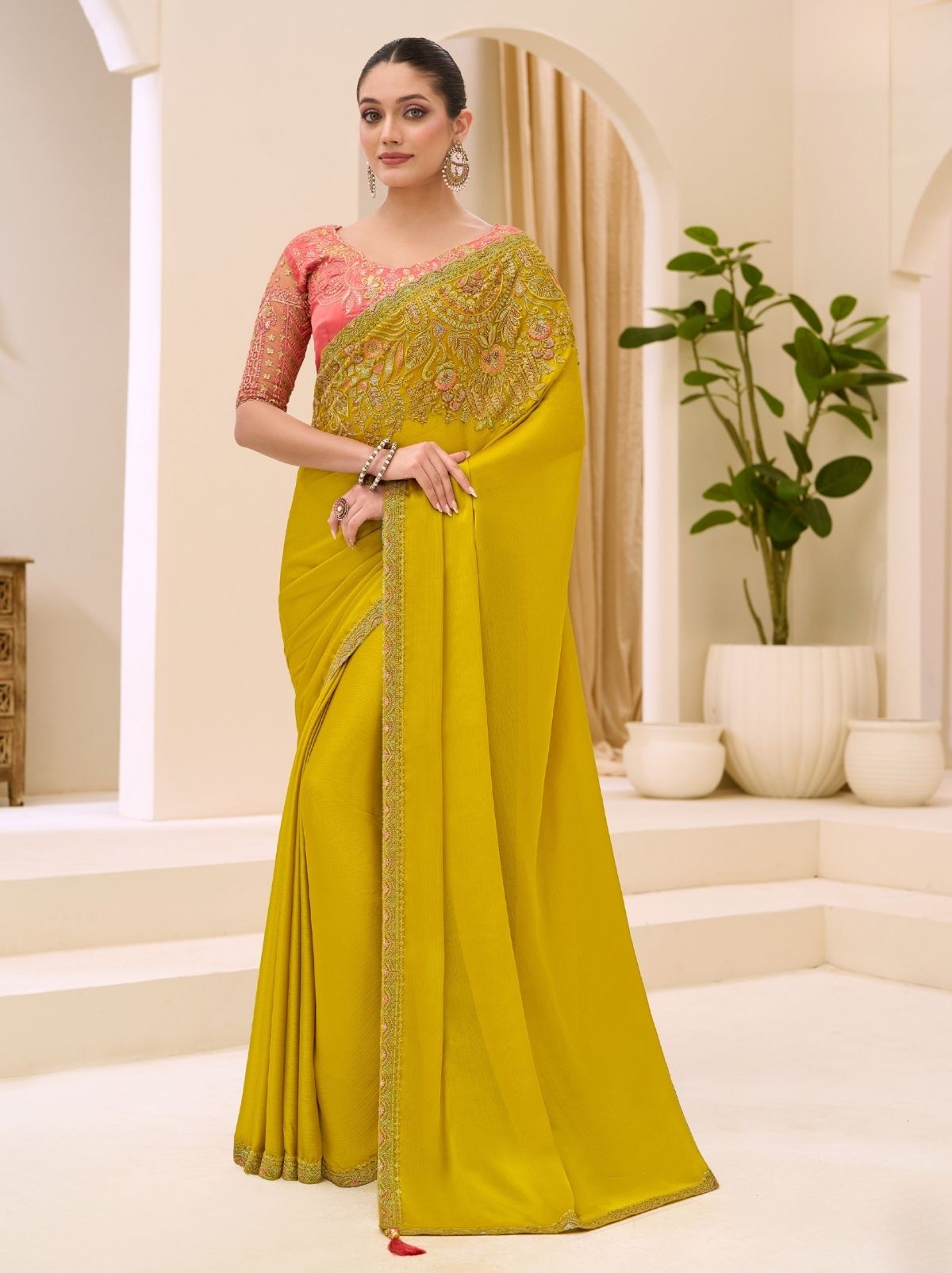 Golden Designer Wedding saree With Blouse Piece - TrendOye