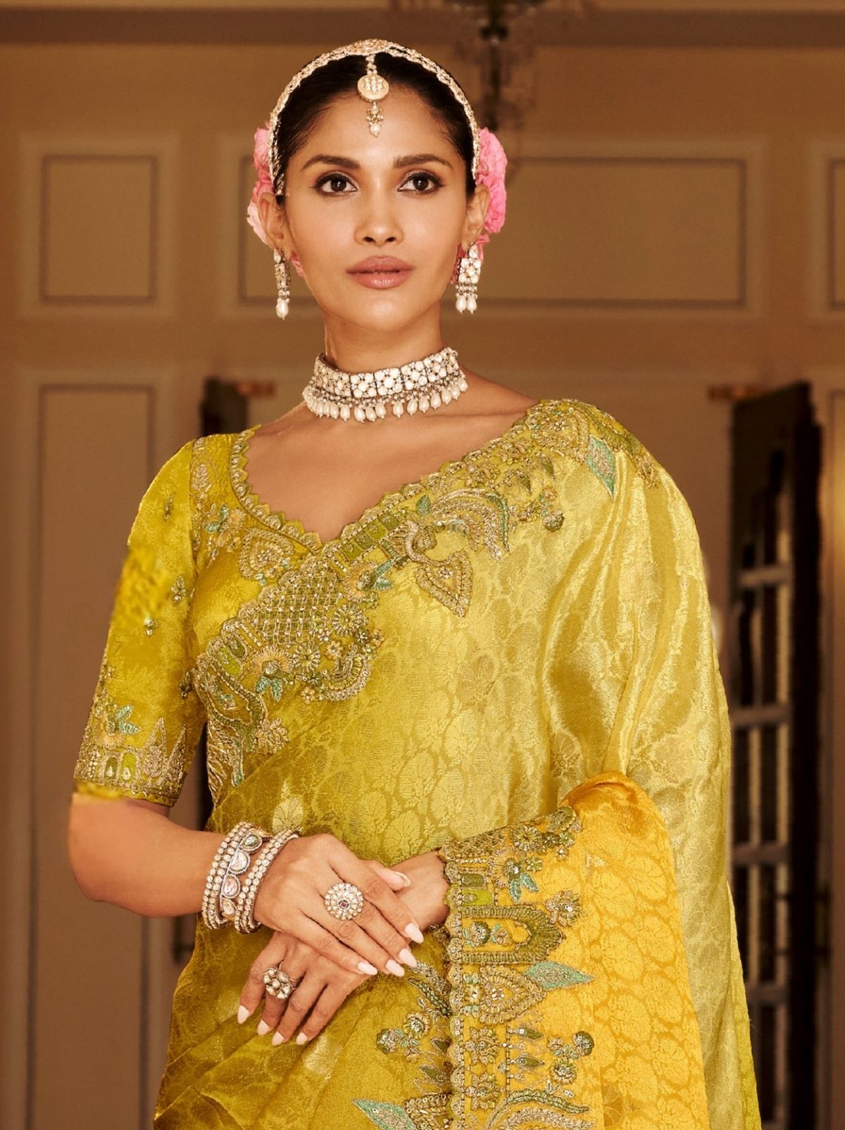 Golden Elegant Designer Wedding Wear Saree With Blouse Piece - TrendOye