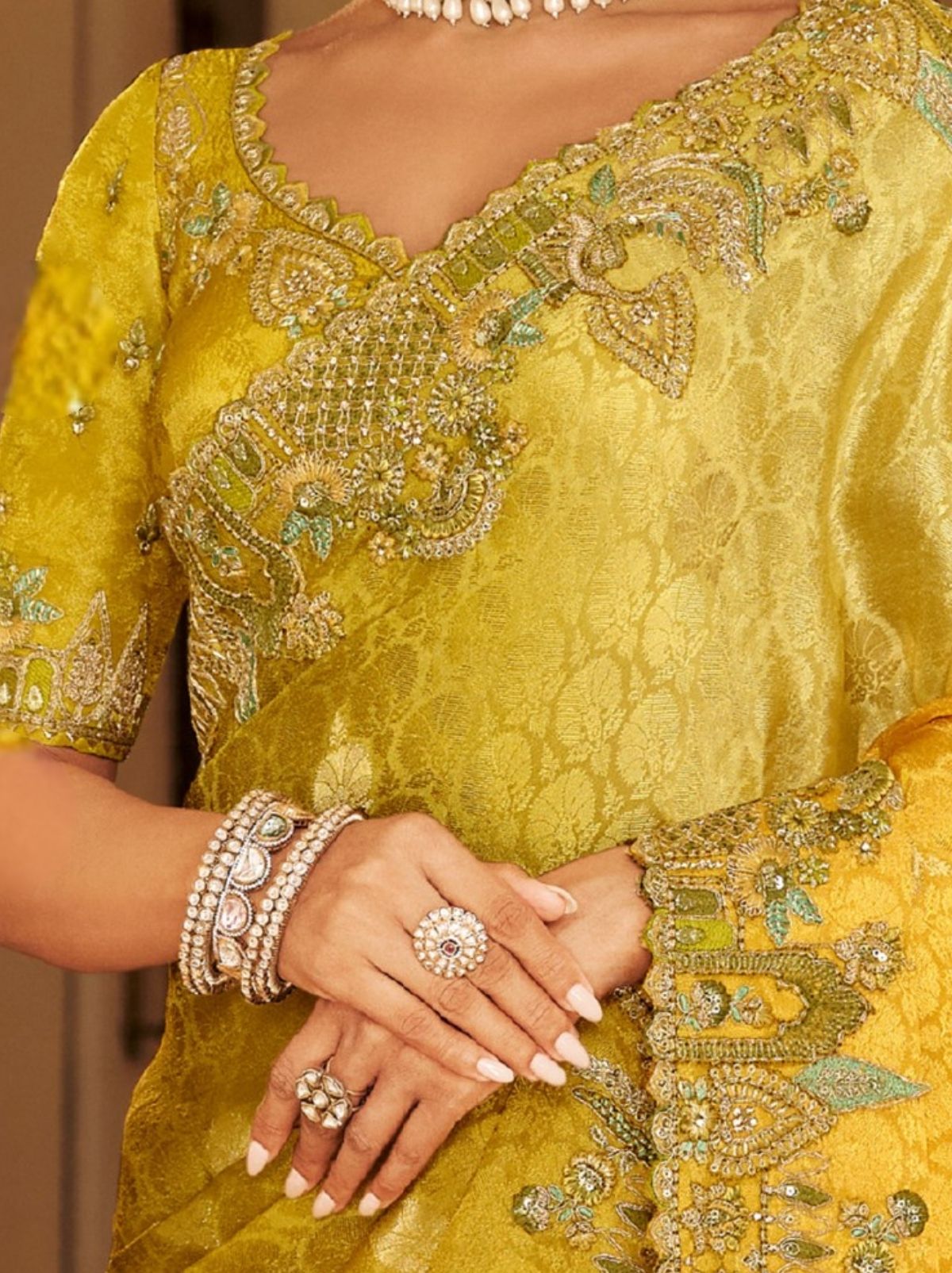 Golden Elegant Designer Wedding Wear Saree With Blouse Piece - TrendOye