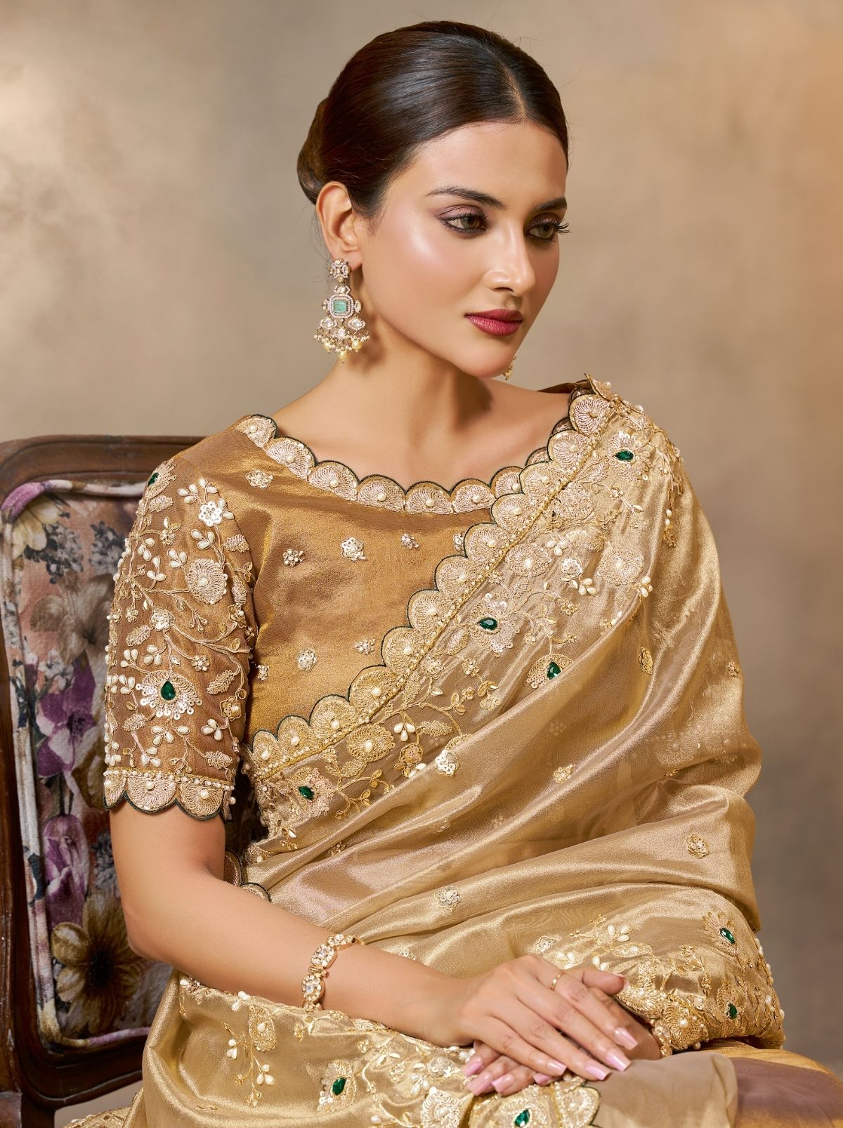 Golden Elegant Stonework Kora Tissue Saree