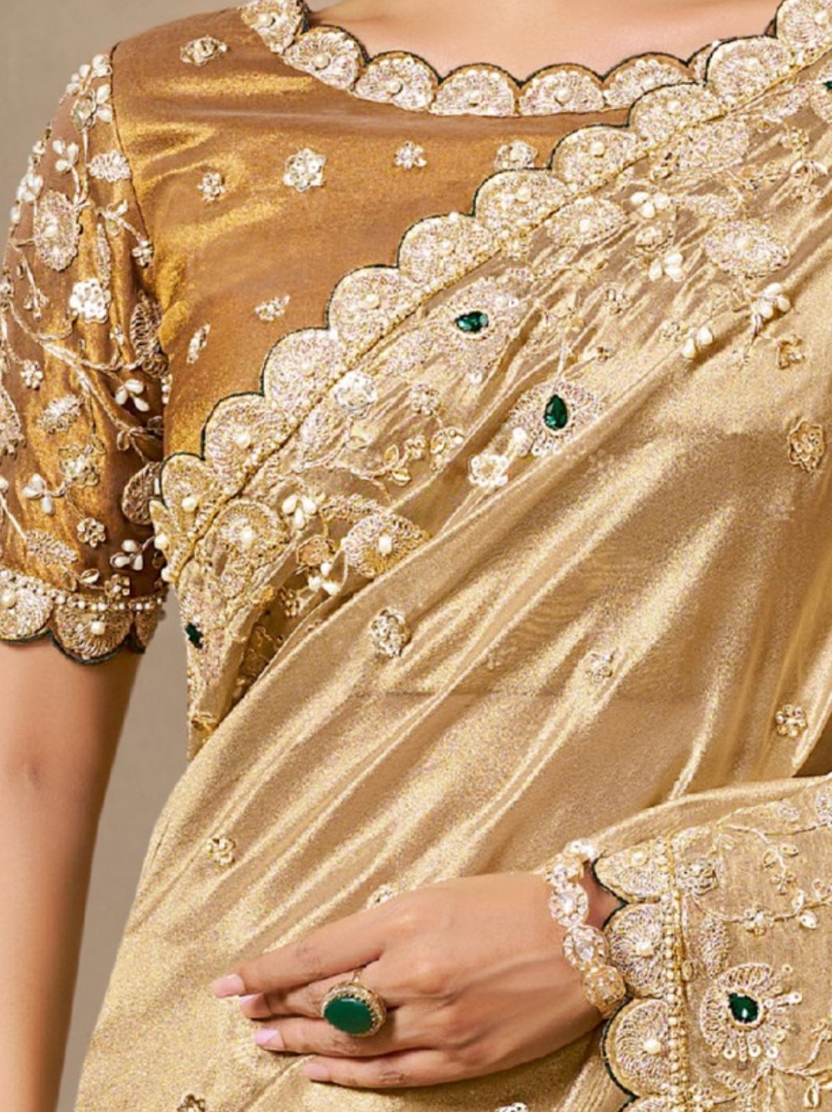 Golden Elegant Stonework Kora Tissue Saree