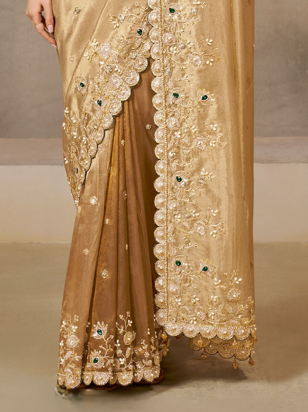 Golden Elegant Stonework Kora Tissue Saree
