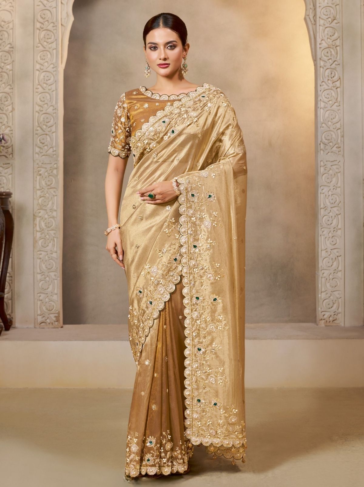 Golden Elegant Stonework Kora Tissue Saree