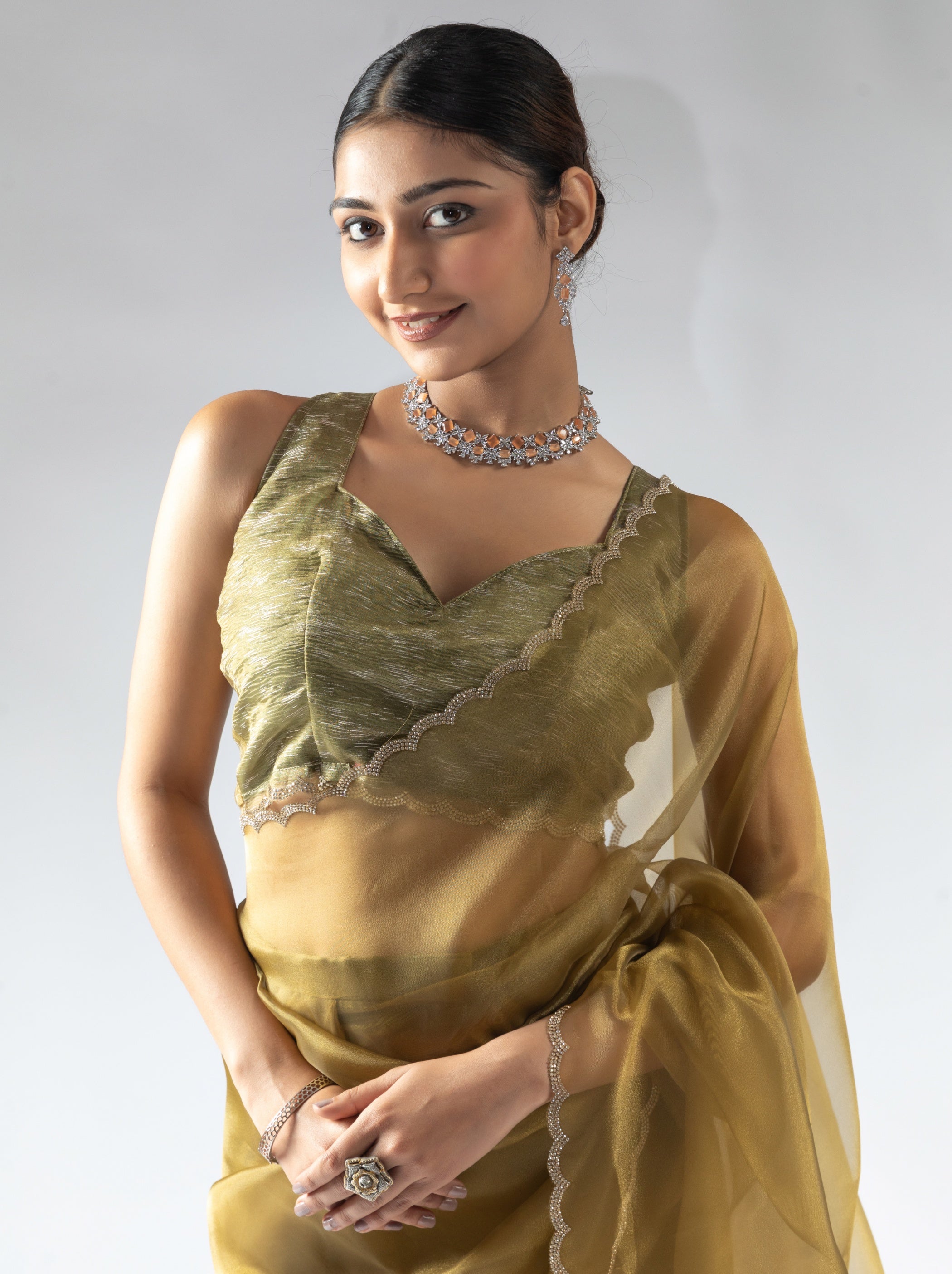 Bronze Gold Fancy Ready to Wear Organza Saree With Stone Work Border