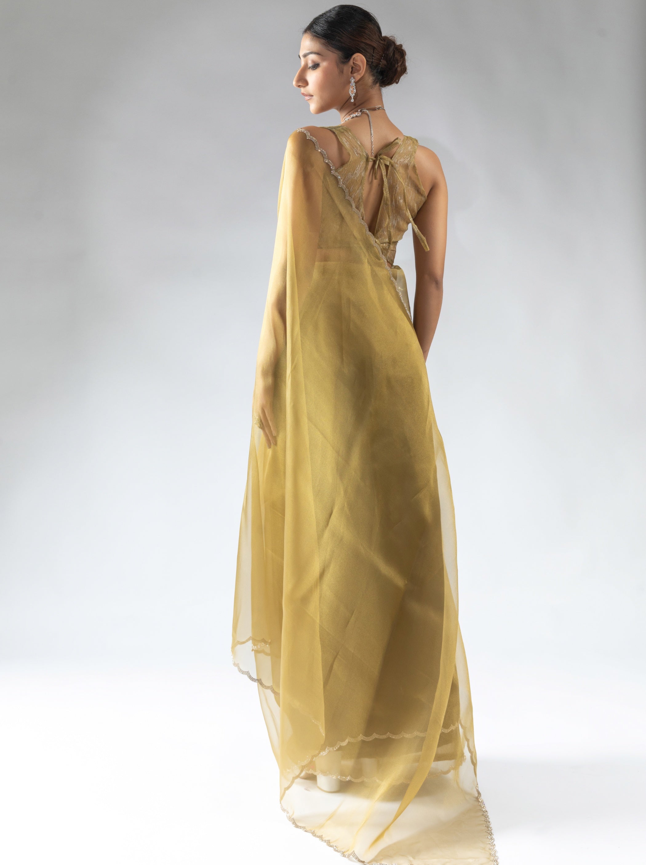 Bronze Gold Fancy Ready to Wear Organza Saree With Stone Work Border