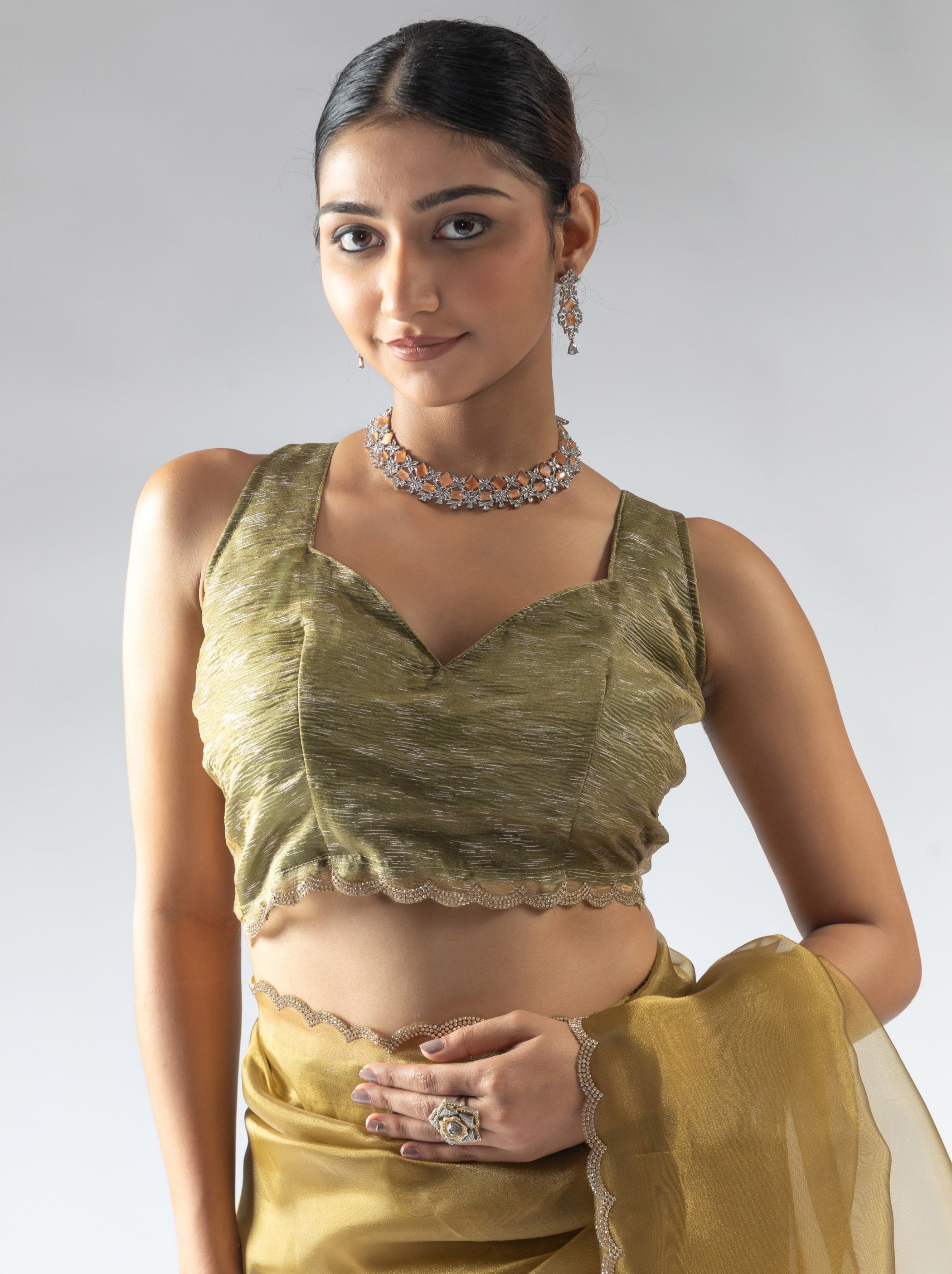 Bronze Gold Fancy Ready to Wear Organza Saree With Stone Work Border