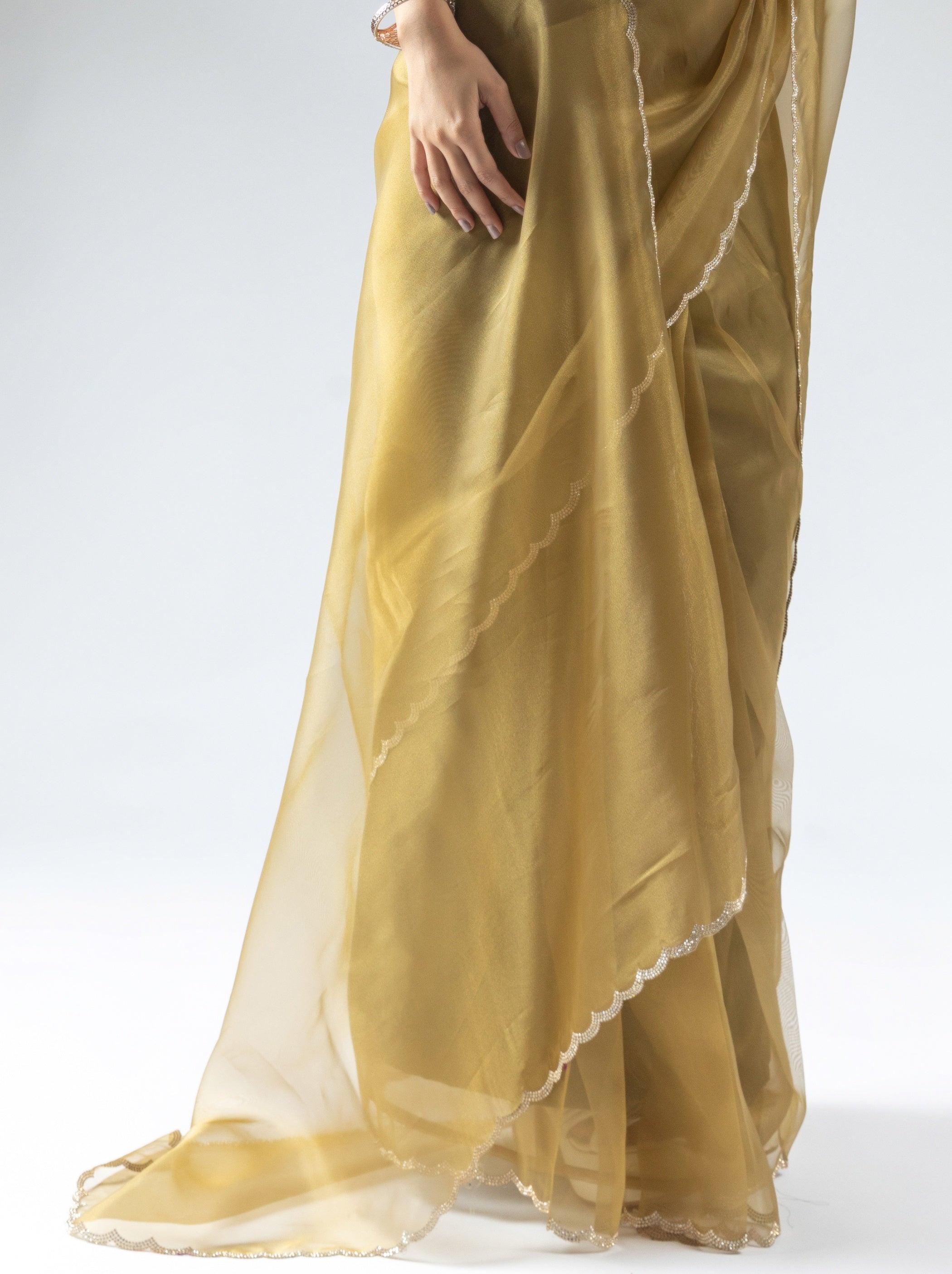 Bronze Gold Fancy Ready to Wear Organza Saree With Stone Work Border