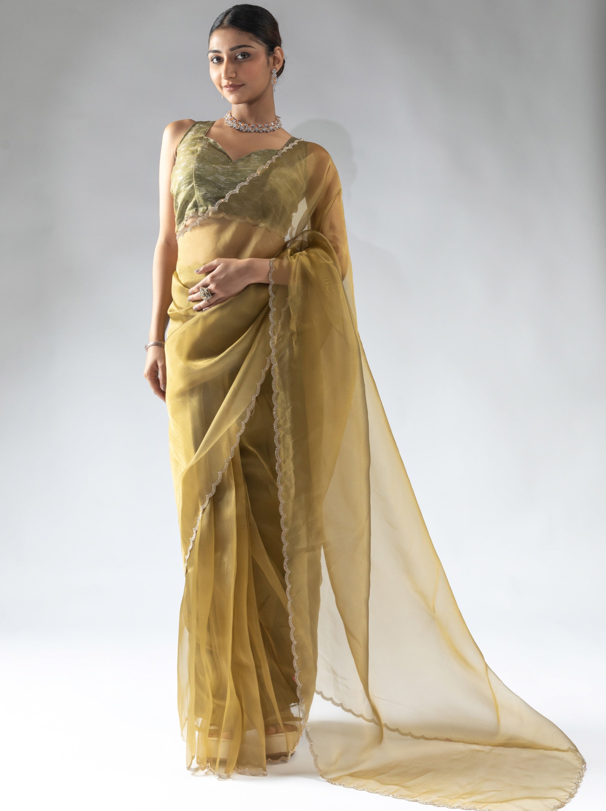 Bronze Gold Fancy Ready to Wear Organza Saree With Stone Work Border