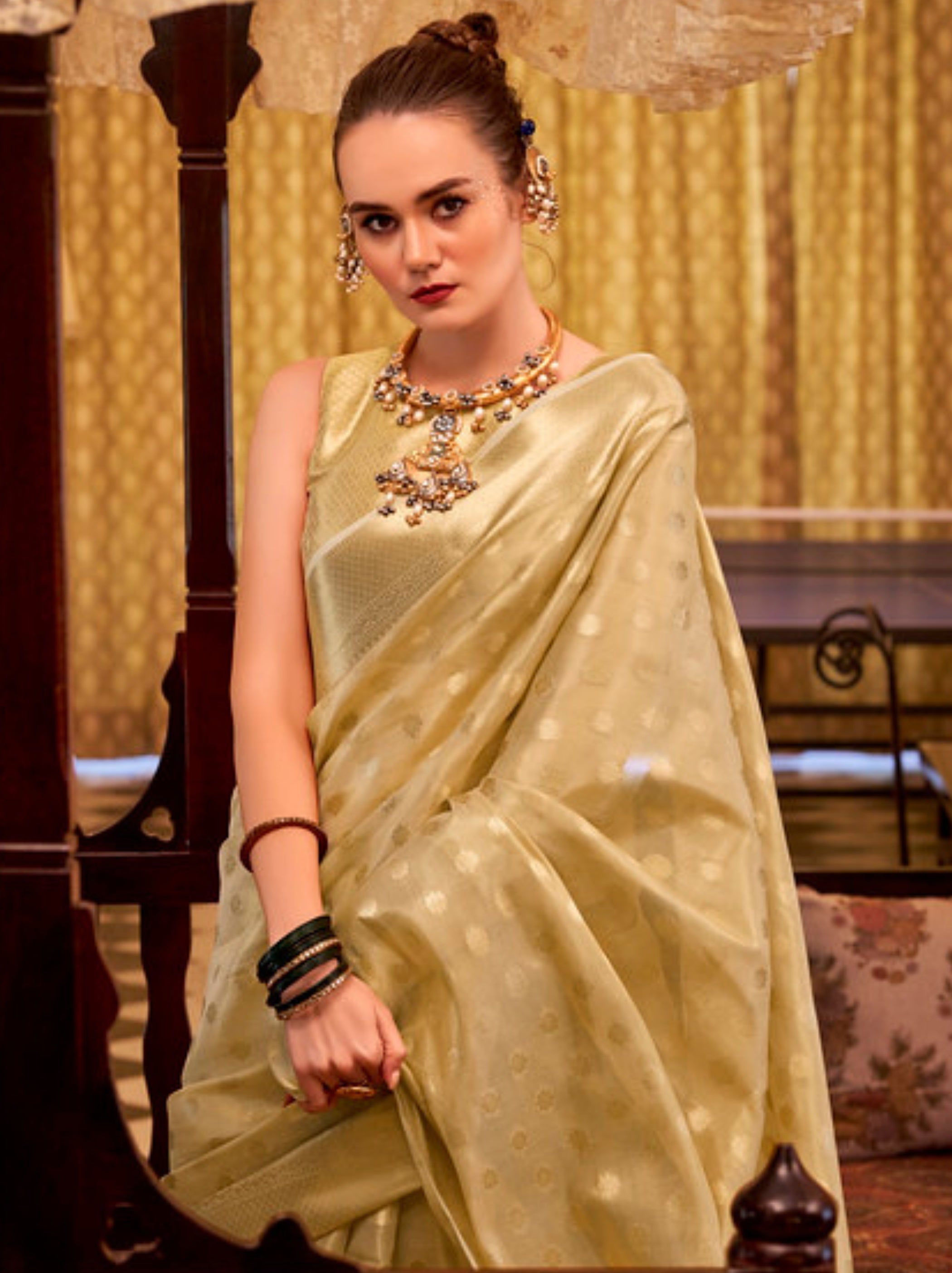 Golden Fancy Tissue Silk Saree With Blouse Piece - TrendOye