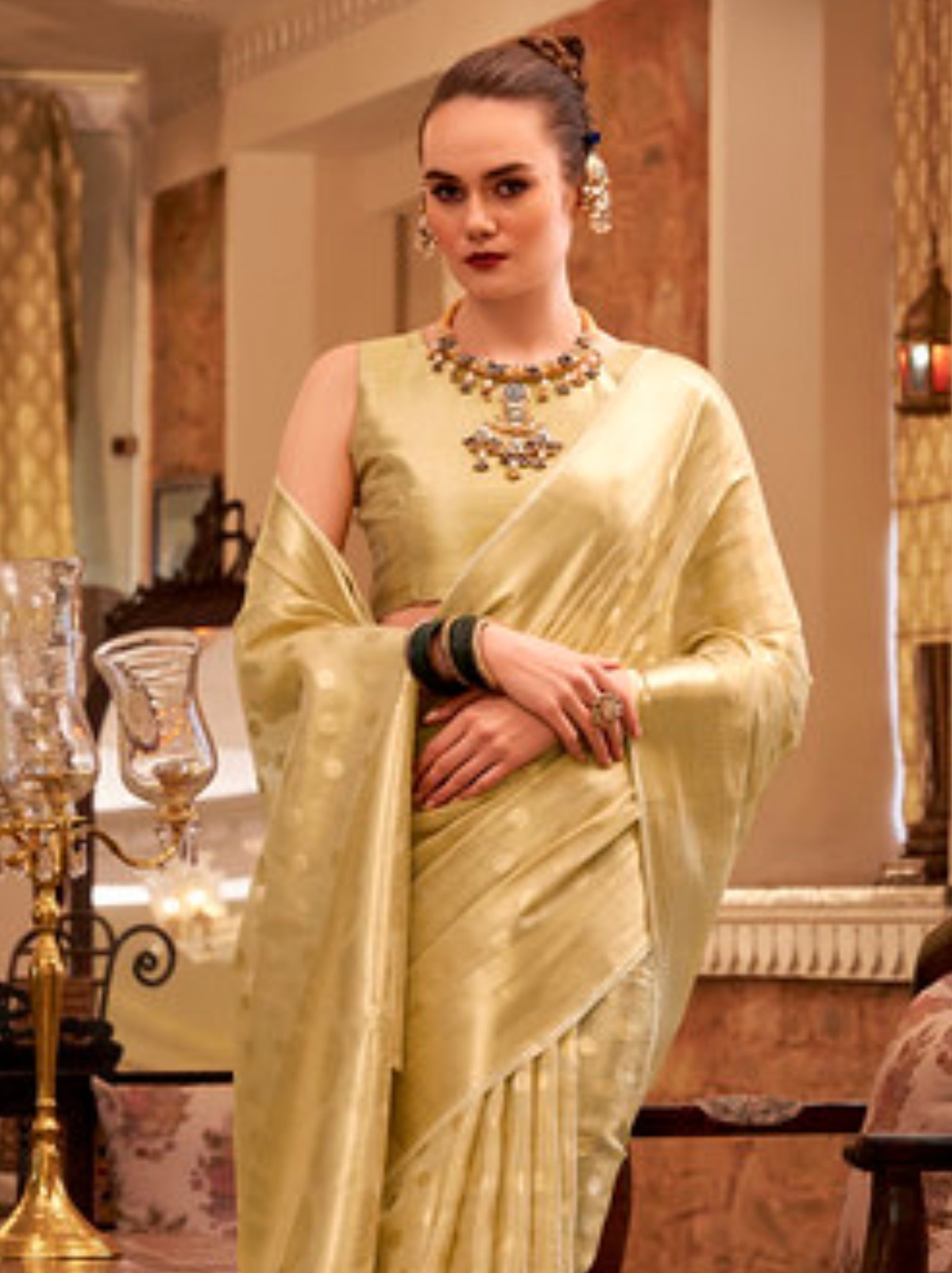 Golden Fancy Tissue Silk Saree With Blouse Piece - TrendOye
