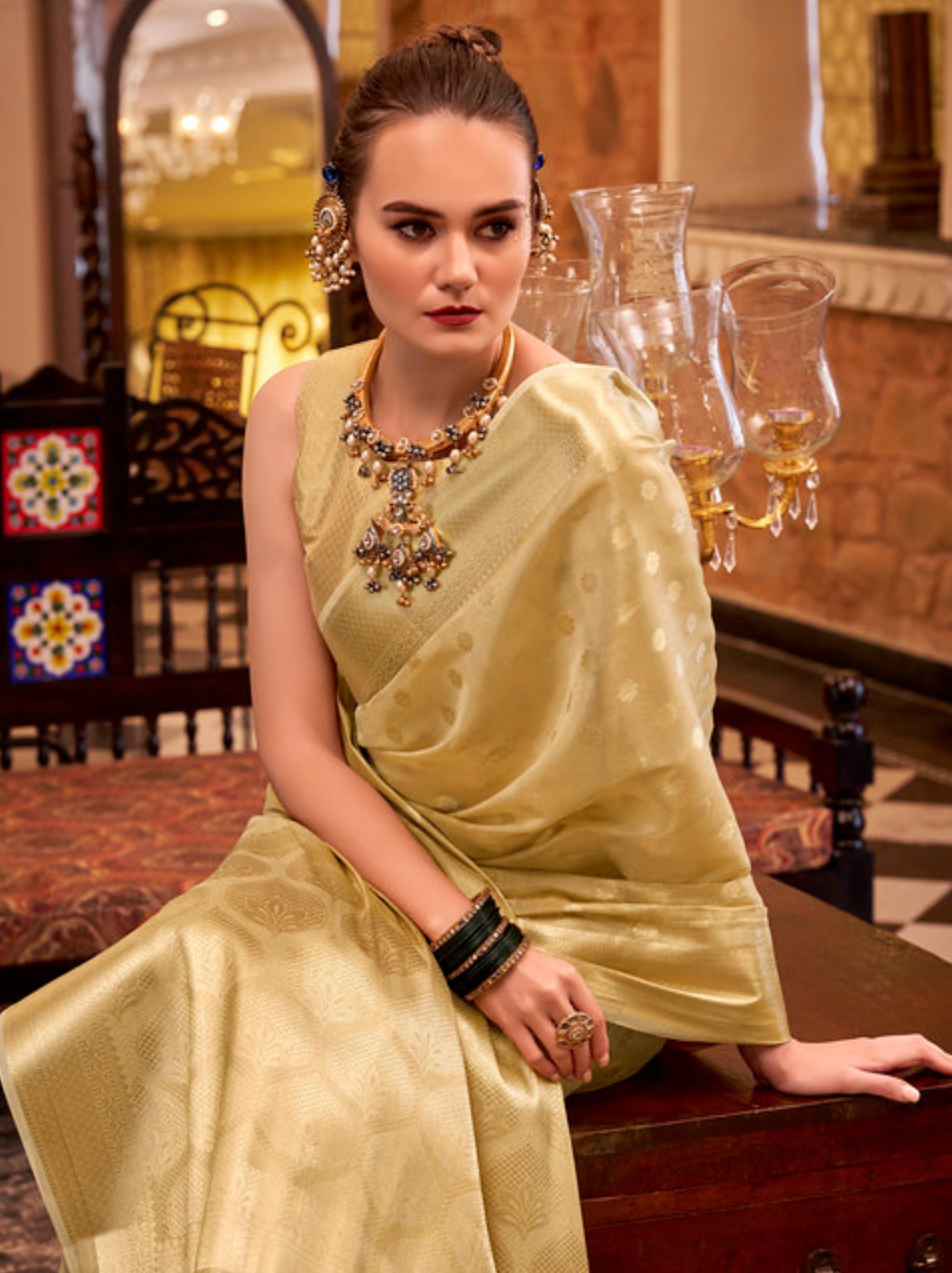 Golden Fancy Tissue Silk Saree With Blouse Piece - TrendOye