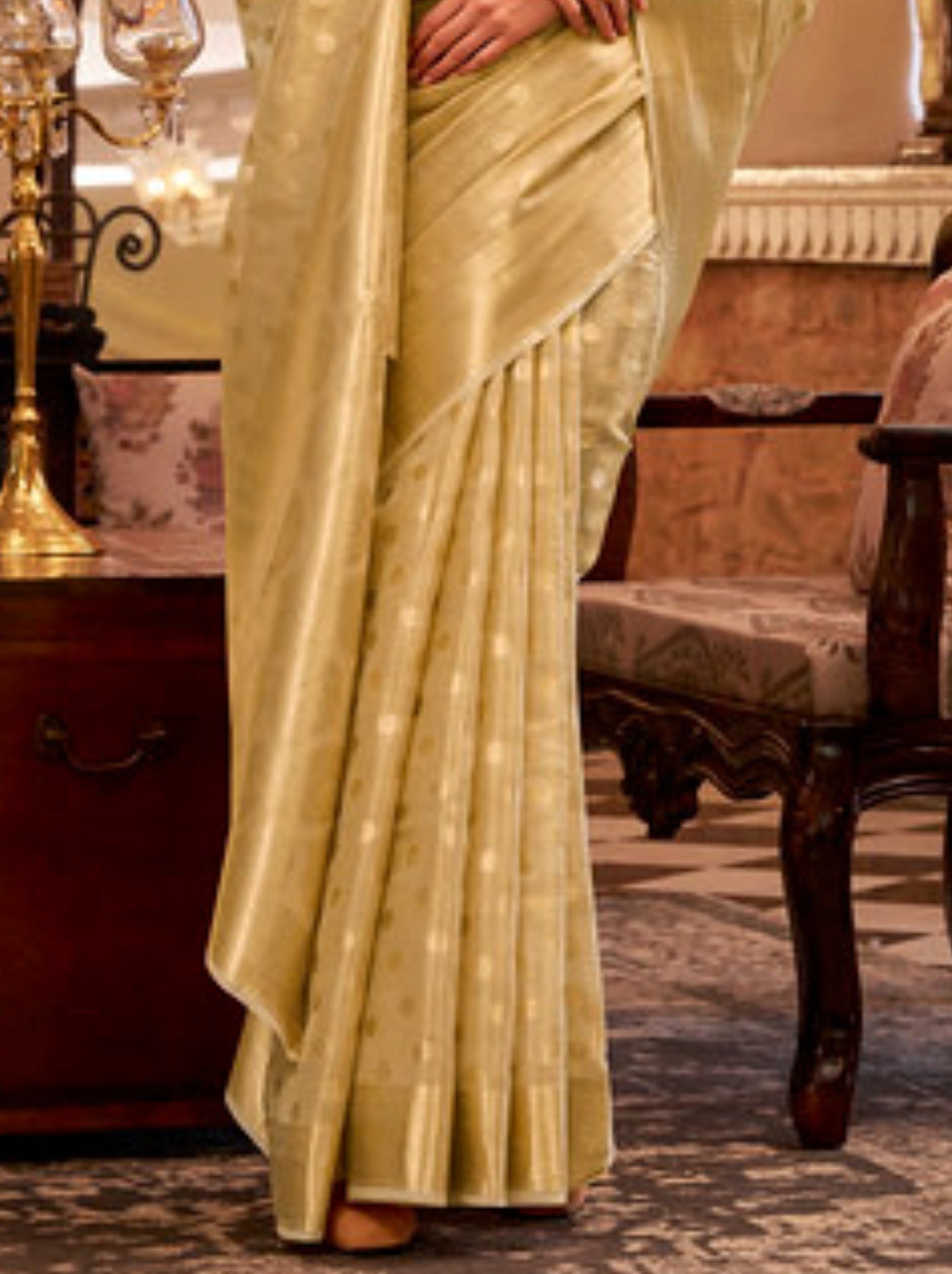 Golden Fancy Tissue Silk Saree With Blouse Piece - TrendOye