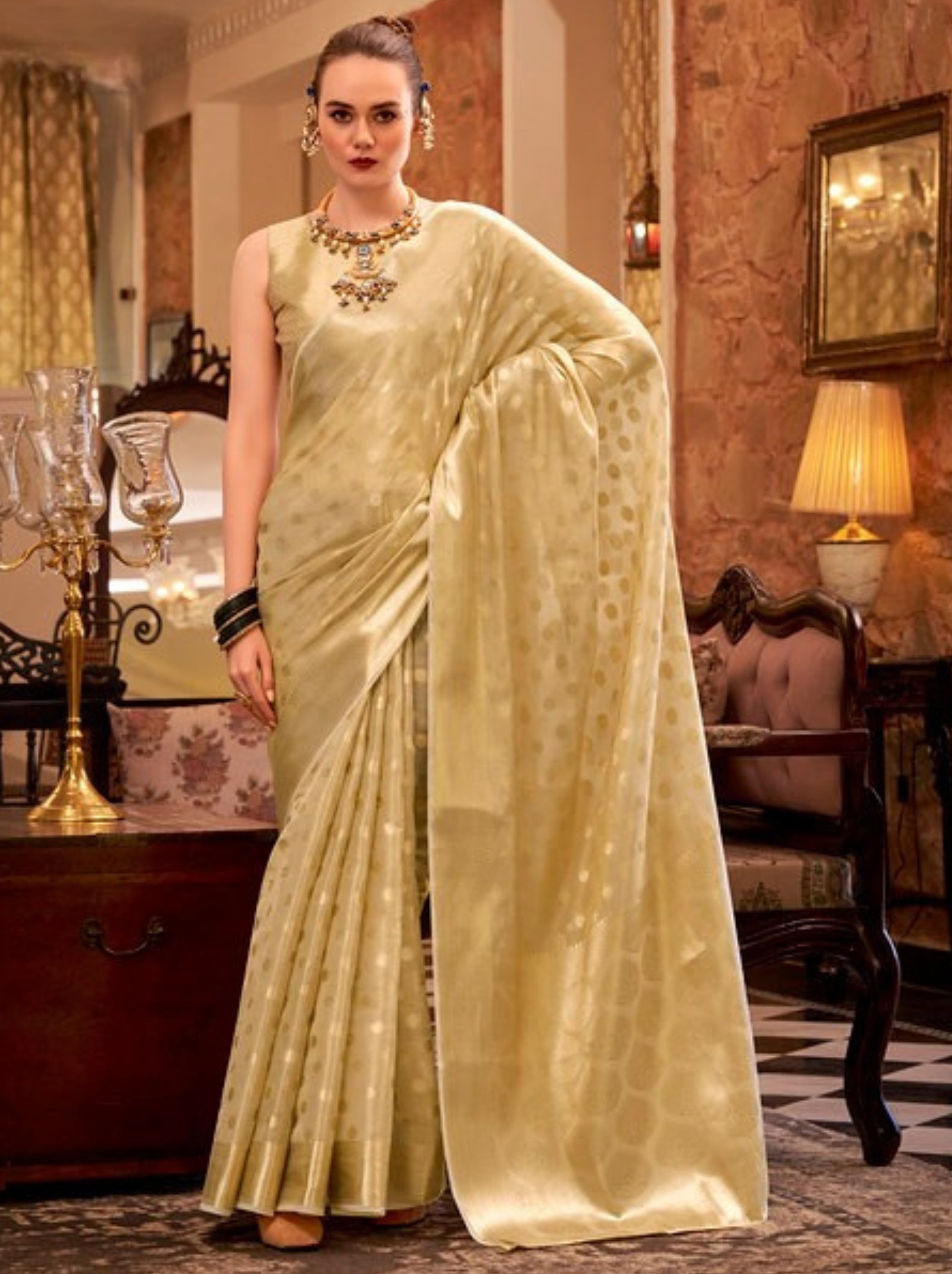 Golden Fancy Tissue Silk Saree With Blouse Piece - TrendOye