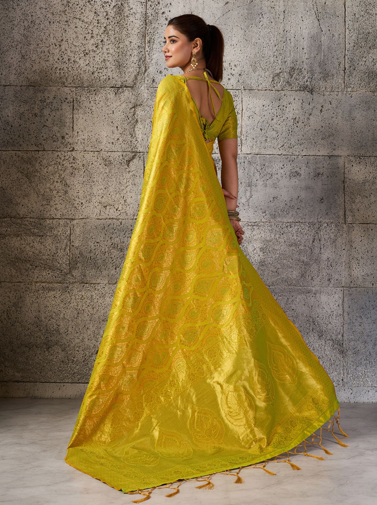 Golden Yellow Kanjivaram Silk Saree with Intricate Gold Zari