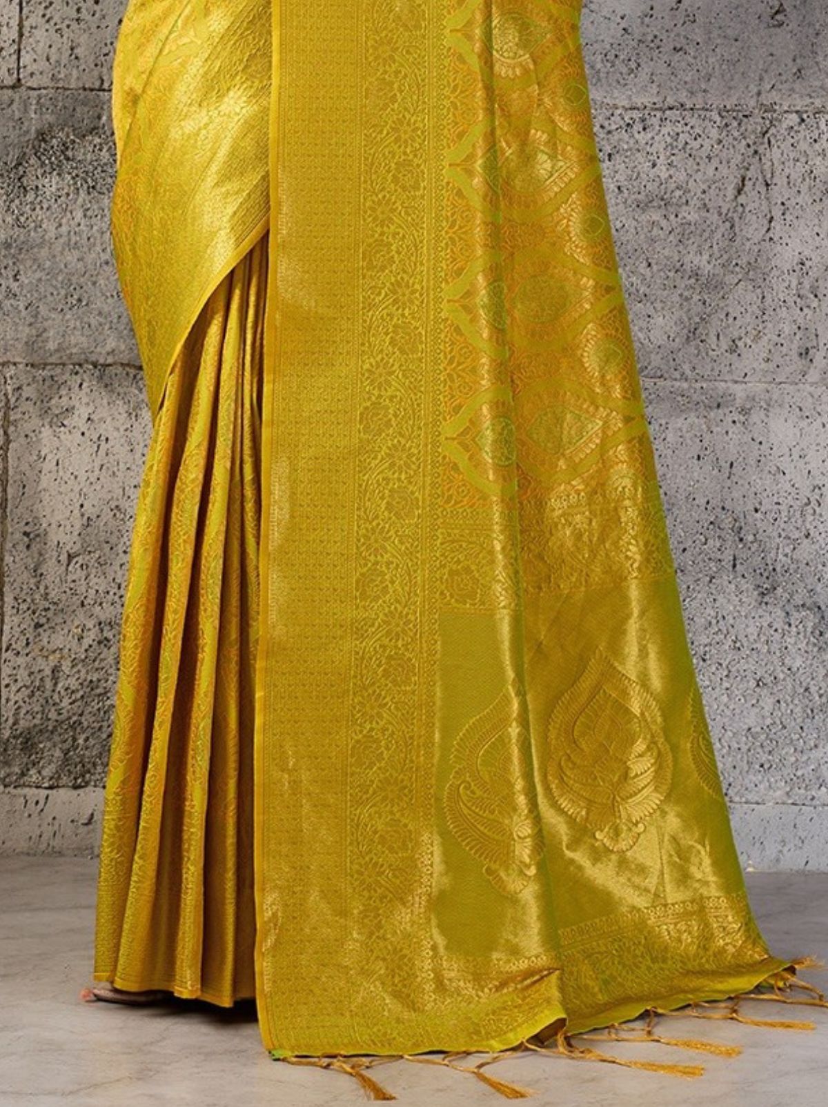Golden Yellow Kanjivaram Silk Saree with Intricate Gold Zari