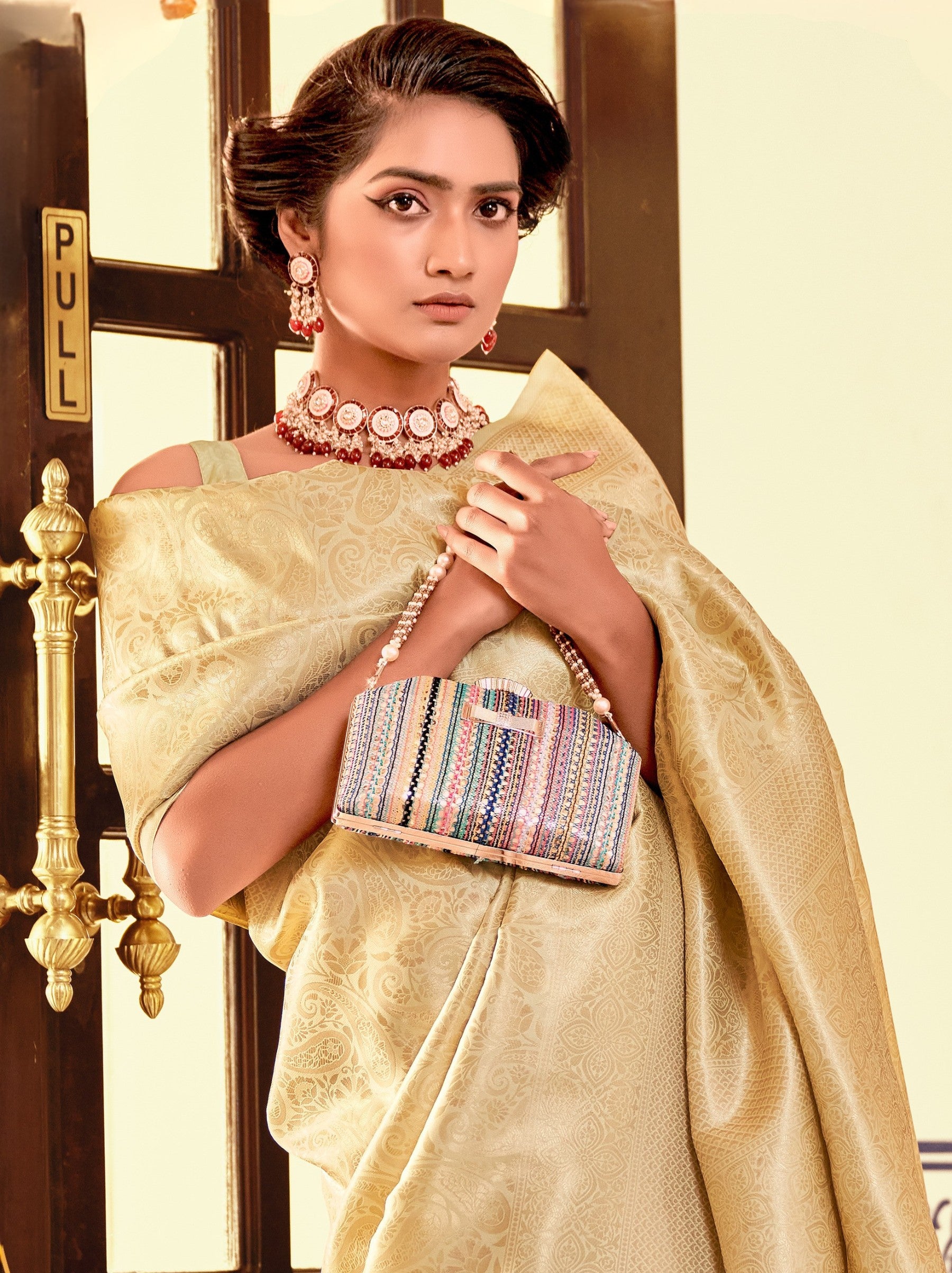 Golden Kanchivaram Silk Celebration Saree - TrendOye