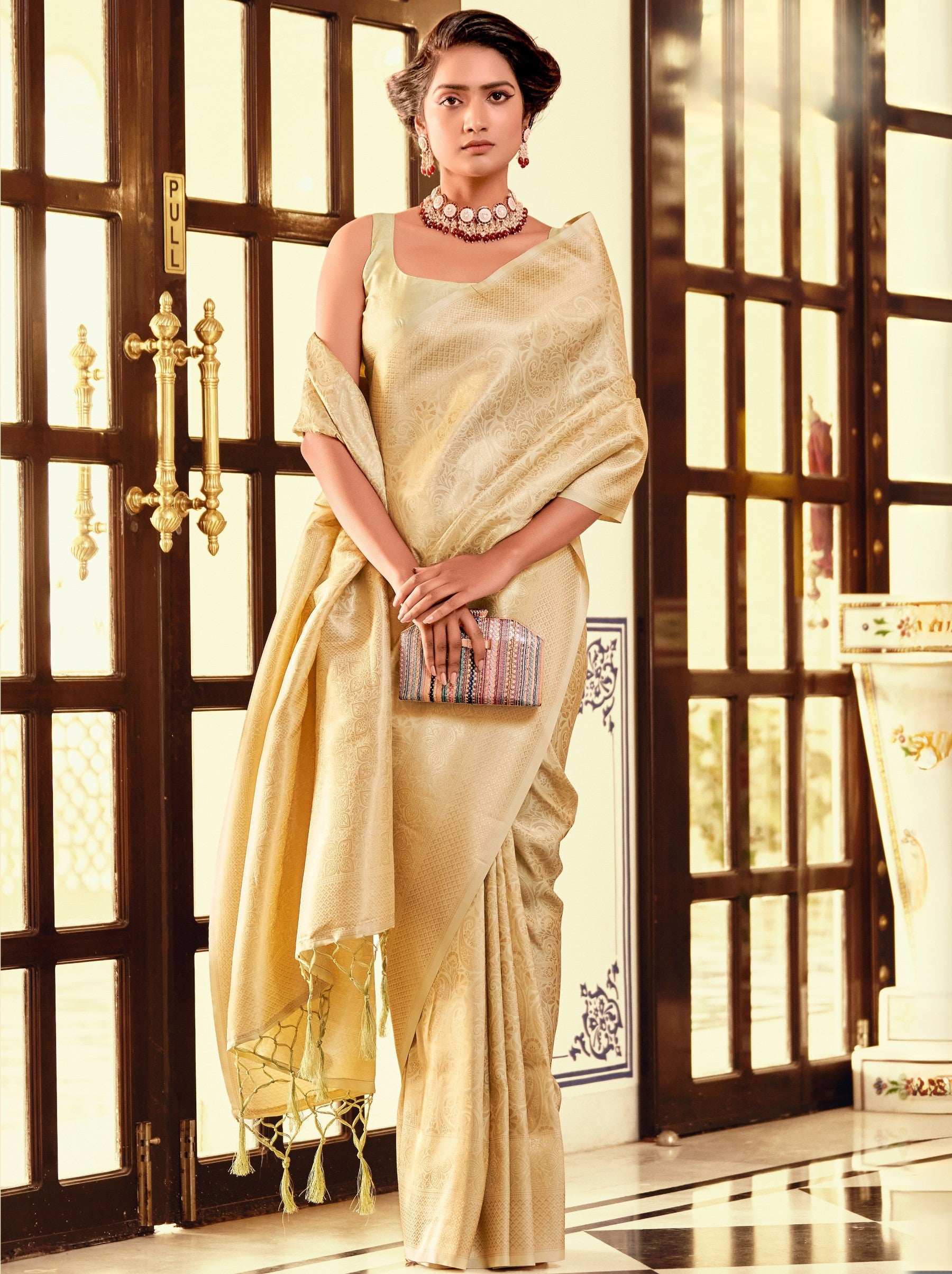Golden Kanchivaram Silk Celebration Saree - TrendOye