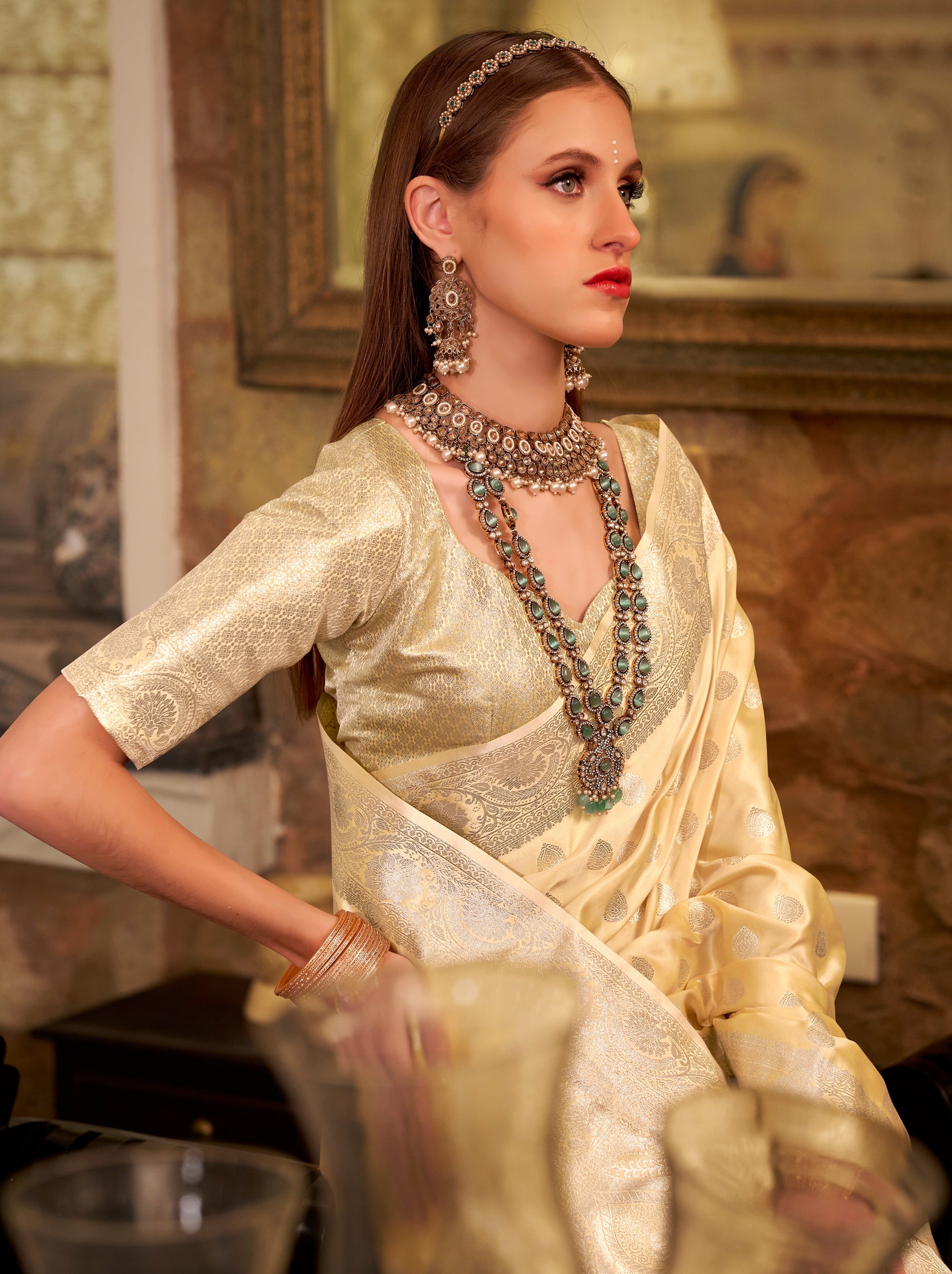Golden Pastel Soft Satin Silk Saree With Zari Work - TrendOye