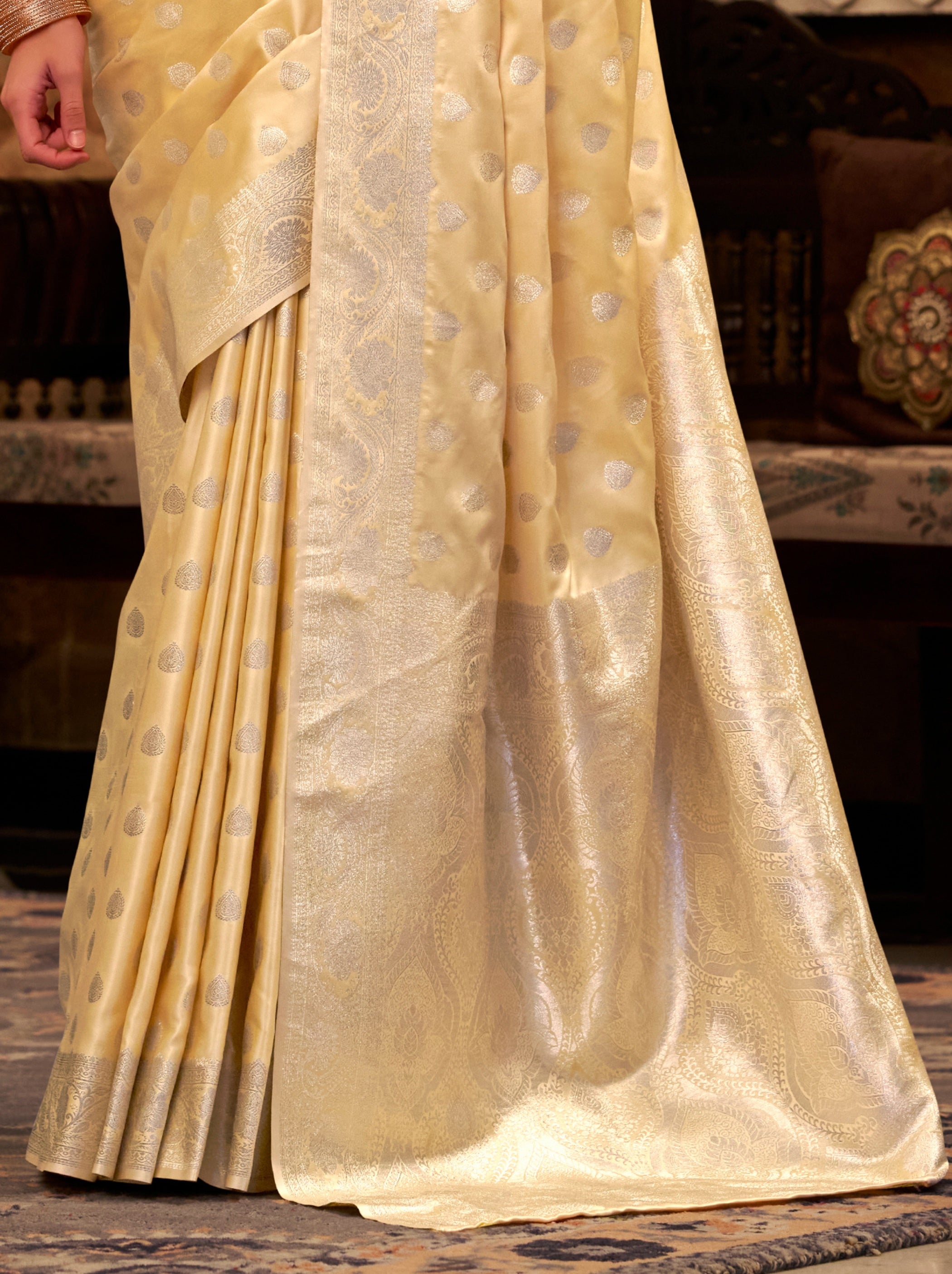 Golden Pastel Soft Satin Silk Saree With Zari Work - TrendOye