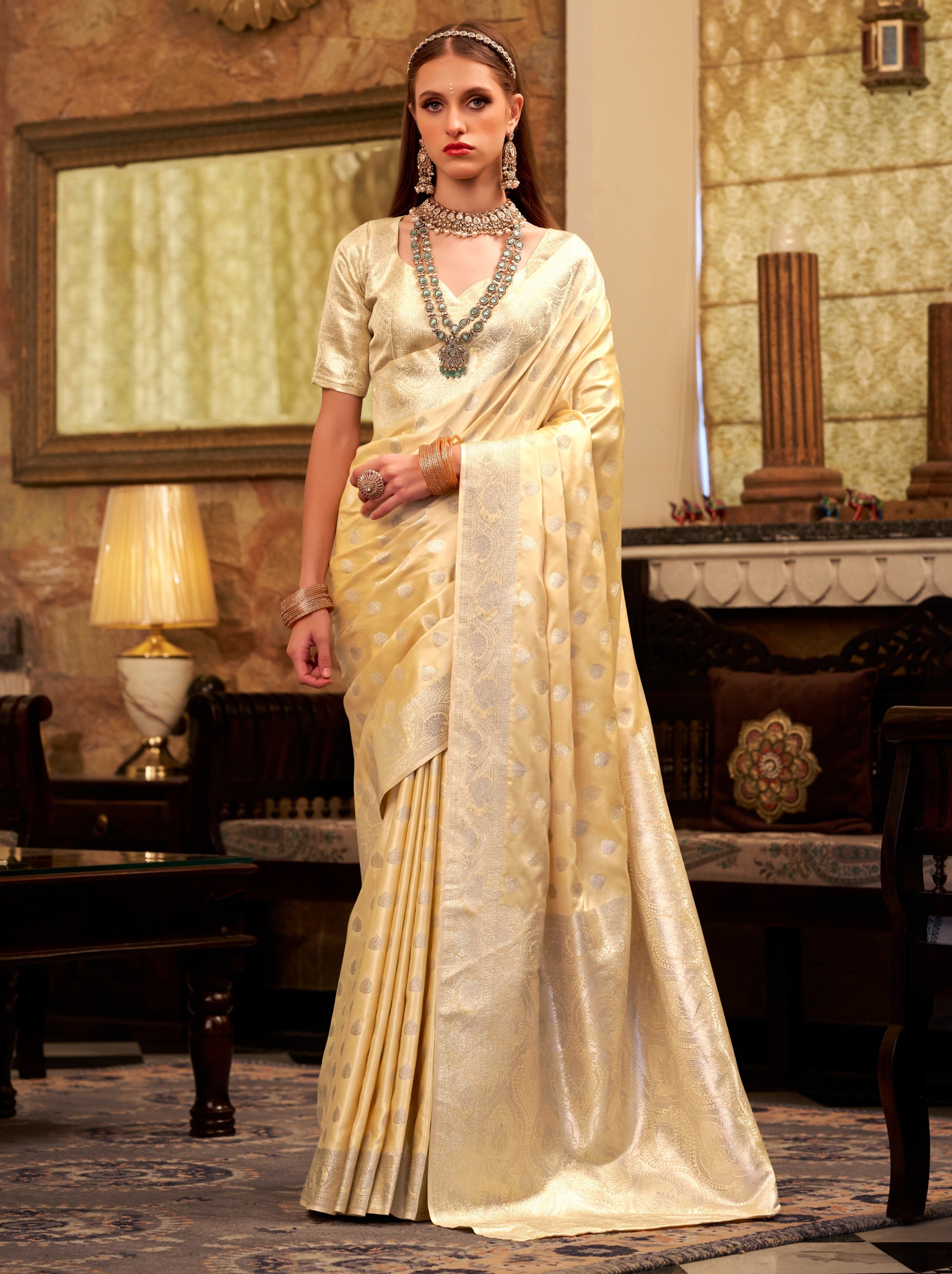 Golden Pastel Soft Satin Silk Saree With Zari Work - TrendOye