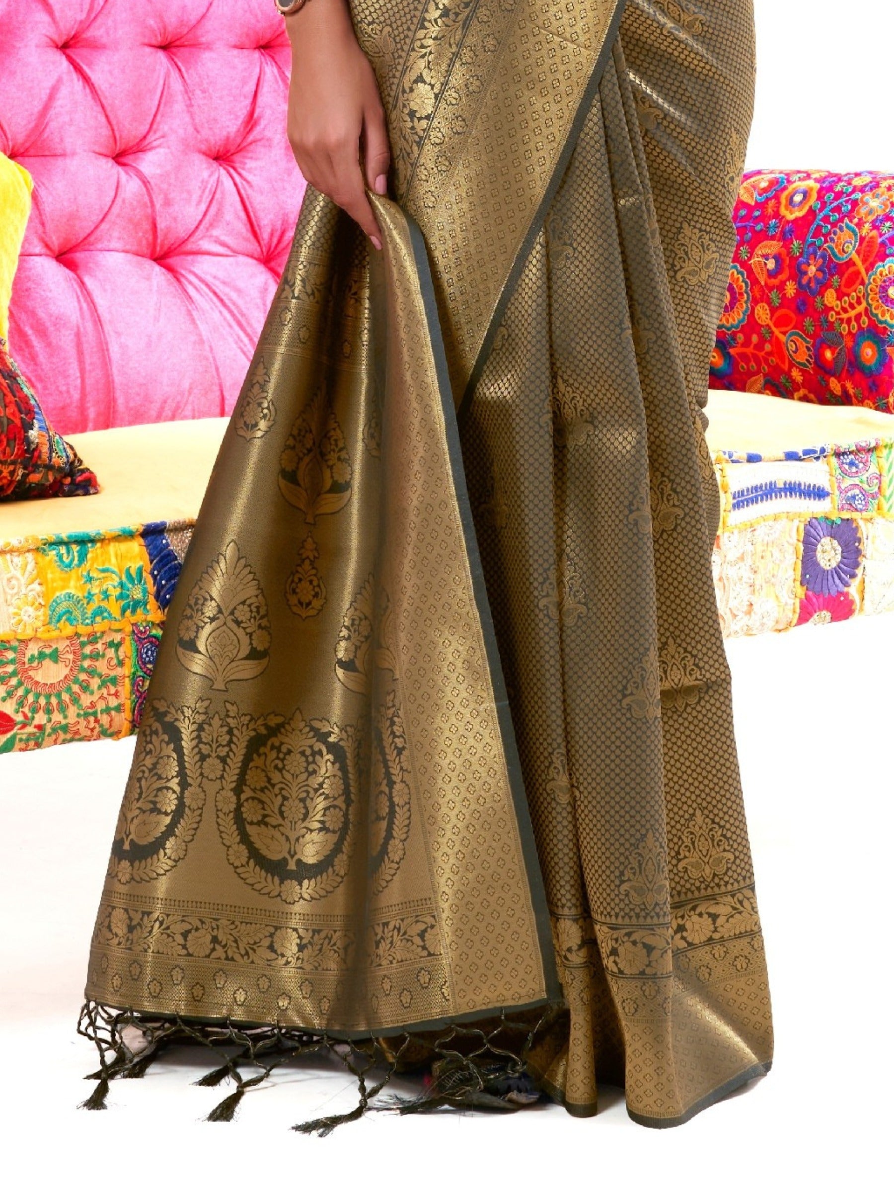 Gold Fusion Premium Kanjeevaram Silk Wedding Saree - TrendOye