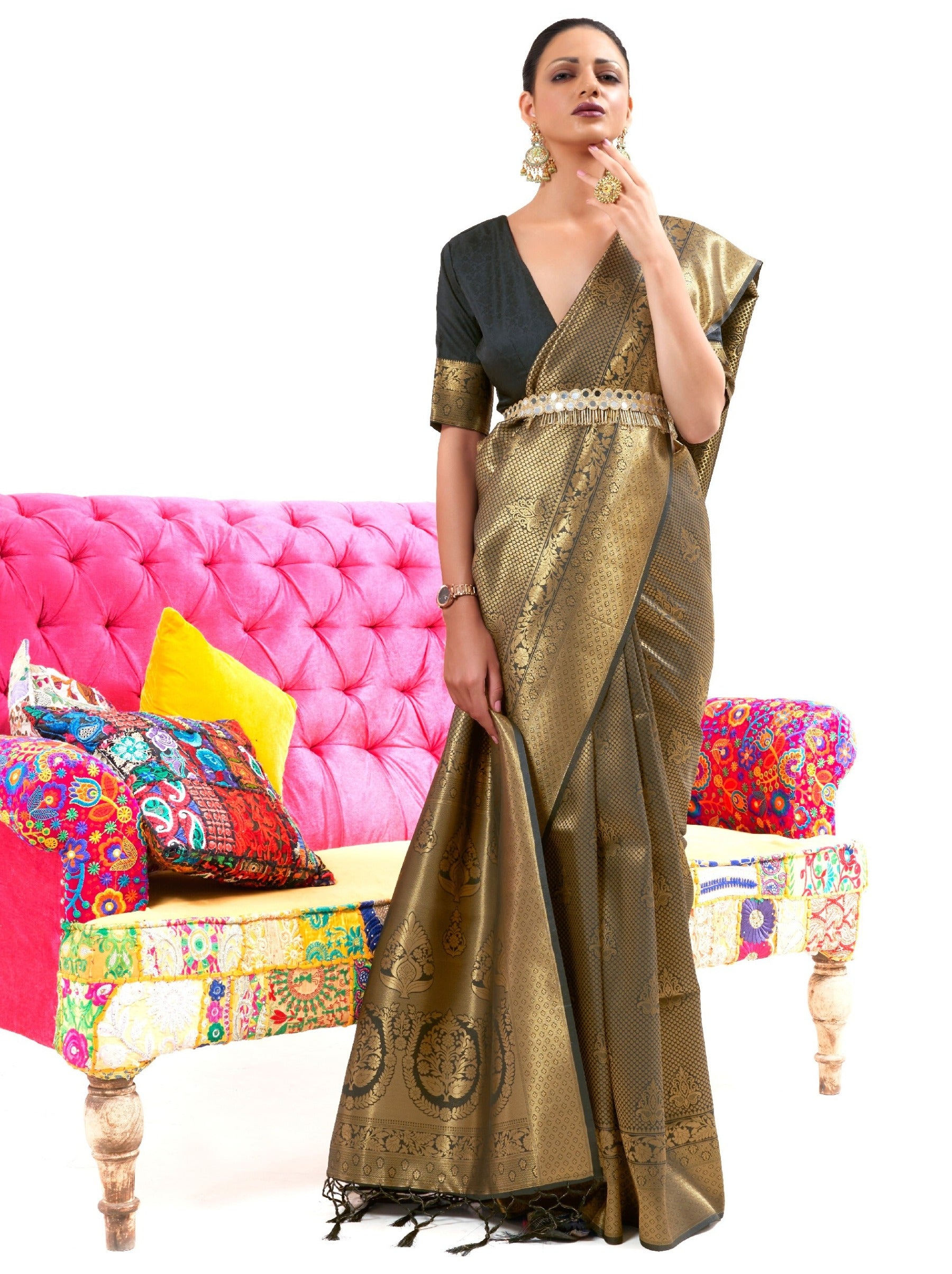 Gold Fusion Premium Kanjeevaram Silk Wedding Saree - TrendOye